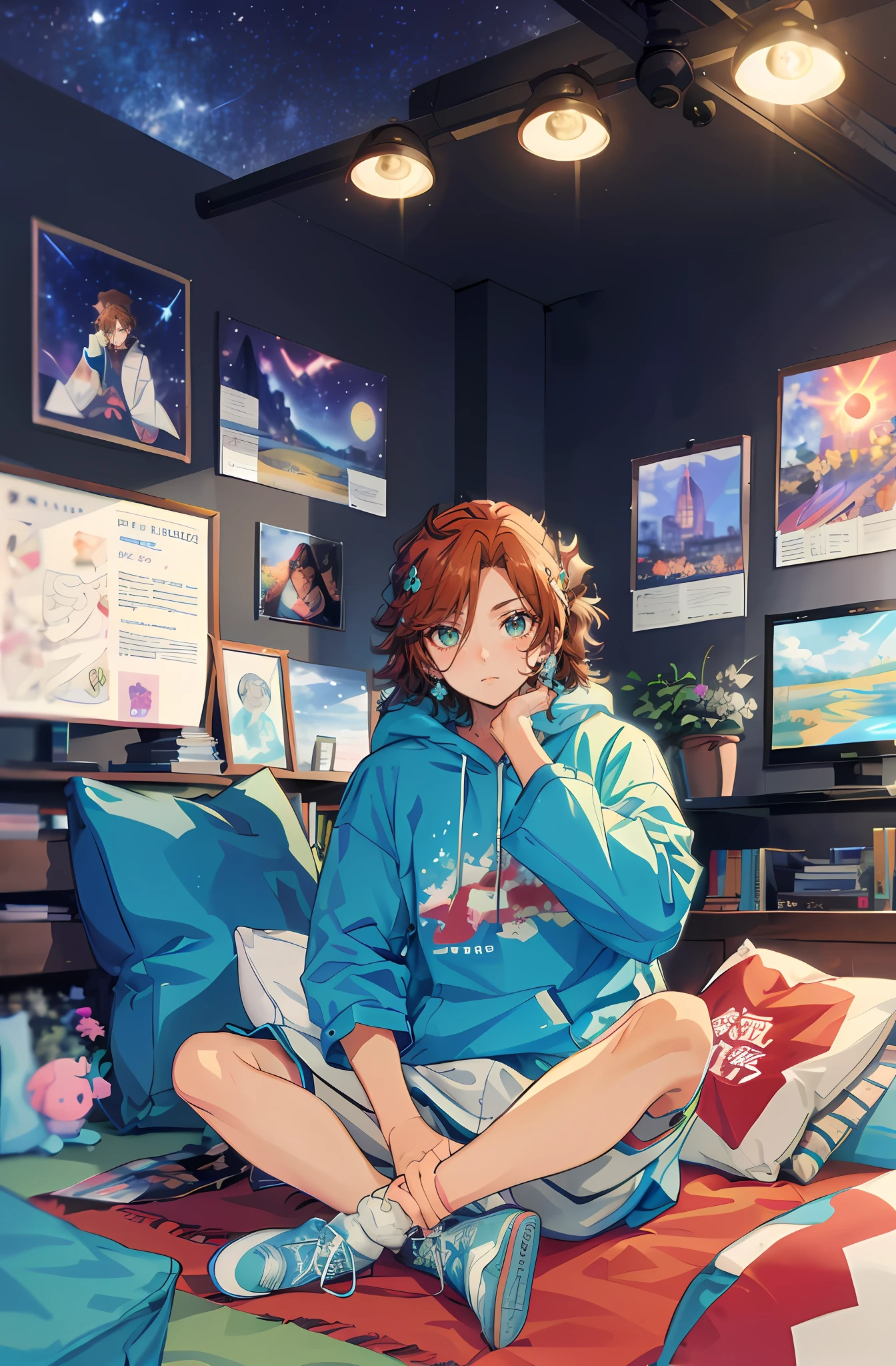 madaraes, brown hair, best quality, 1boy, 独奏, Hot, grown up, hair light, green eyes, piercing eyes, the perfect body, 25 years, Sexual, winning, sitting, Window, stained glass windows, View from the window, night city, neon lights, the panorama, a starry sky, galactic, motley, Full color, феерверк, Sofa, Playful, living room, Cosy, cheery, posters, pillows, blankets, lava lamp, a table, chair, cozy atmosphere, bright colours, soft pastels, Flowers, Plants, Books, novels, plushies, Statuettes, posters, PICTURES, posters, wall scrolls, Stickers, Ornaments, bed, blankets, pillows, warm blankets, comfortable clothes, casual wear, leisure wear, hoody, sweatpants, briefs, tshirt, t shirt, ankle socks, Sneakers, curvy legs