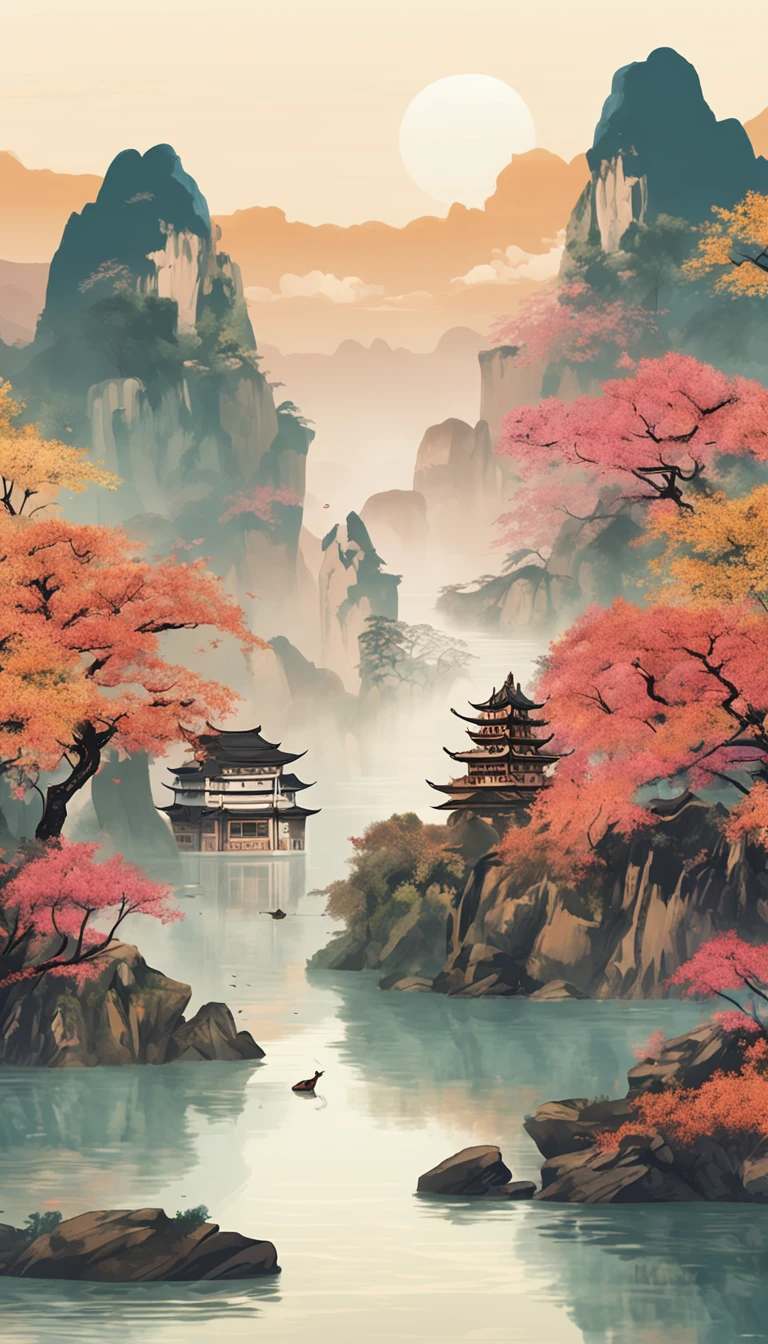 An idyllic Chinese mural, Light look color and white style, Layered landscape, japanese style art, monumental murals, Ricoh FF-9D, Golden Age aesthetics, Exotic landscape