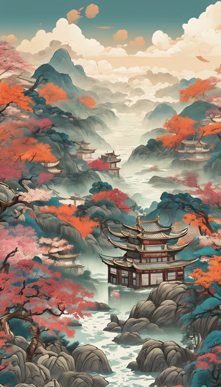 (China - chic Chinese autumn landscape,Sunset afterglow,Leaves,anatomy correct,Oriental elements),(China - funky illustration:1.5,Vector painting:1.5),(Chinese colors,senior color matching,gradient backgrounds,white backgrounid),(The is very detailed,Reasonable design,Clear lines,High- sharpness,best qualtiy,tmasterpiece,offcial art,movie light effect,4K)