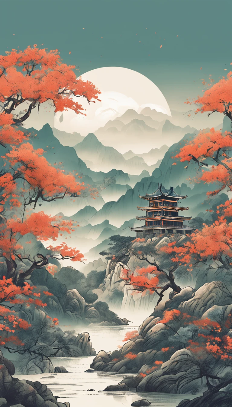 An idyllic Chinese mural, Light look color and white style, Layered landscape, japanese style art, monumental murals, Ricoh FF-9D, Golden Age aesthetics, Exotic landscape