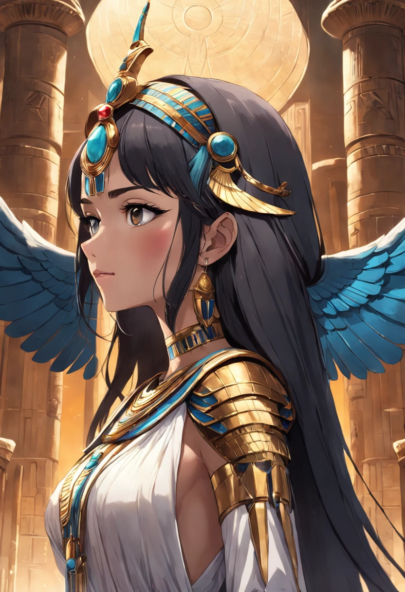 ((masterpiece, super detailed, very high resolution, best quality;1.3)), solo, 1woman, side light, glowing skin, Not looking at the view, Don't look at the view, egyptian woman, long dark hair, egyptian queen clothes, Isis goddess, Isis wings, egyptian empress crown, egyptian jewerly, ((egyptian palace background)),