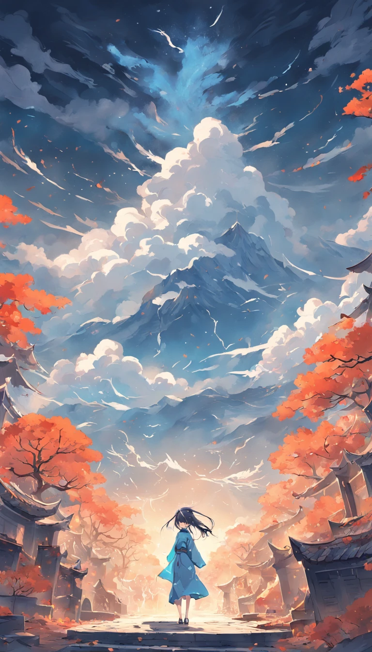 Traditional Chinese style graphic illustration,Song dynasty style,autumnal,A changing landscape of clouds。ultra-wide-angle,Epic,Works of masters,Numerous awards。blue colors,white colors,in pastel shades。
