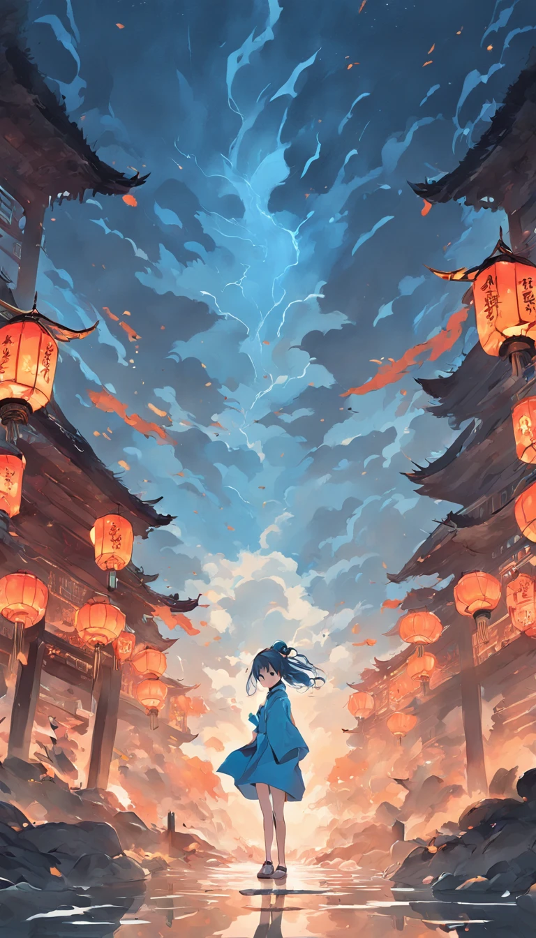 Traditional Chinese style graphic illustration,Song dynasty style,autumnal,A changing landscape of clouds。ultra-wide-angle,Epic,Works of masters,Numerous awards。blue colors,white colors,in pastel shades。