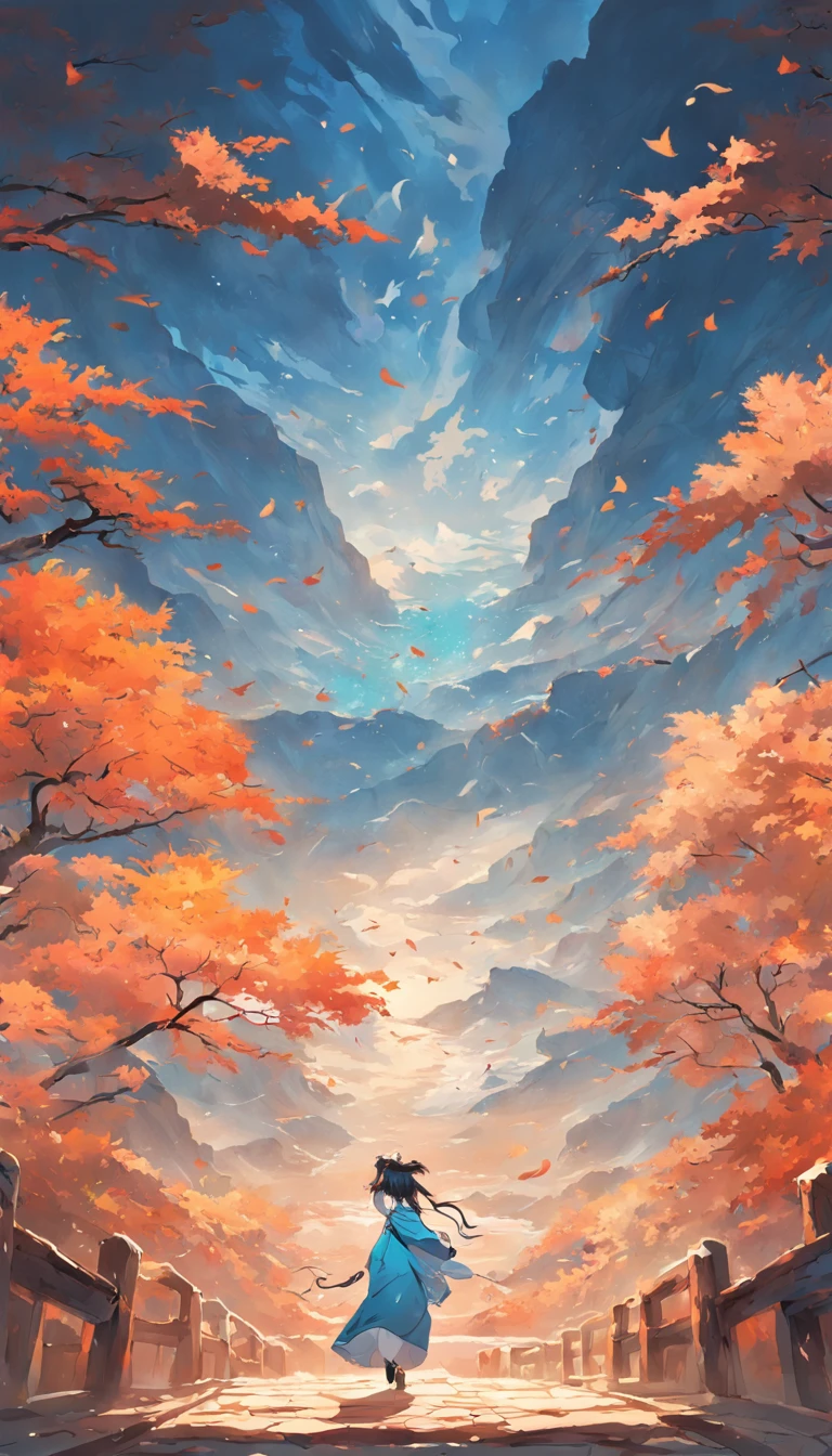Traditional Chinese style graphic illustration,Song dynasty style,autumnal,A changing landscape of clouds。ultra-wide-angle,Epic,Works of masters,Numerous awards。blue colors,white colors,in pastel shades。