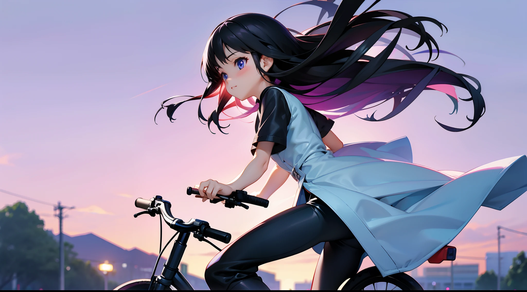 girl,Purple short sleeves,eBlue eyes,shorter pants,Black hair,blacksilk,riding bikes,early evening
