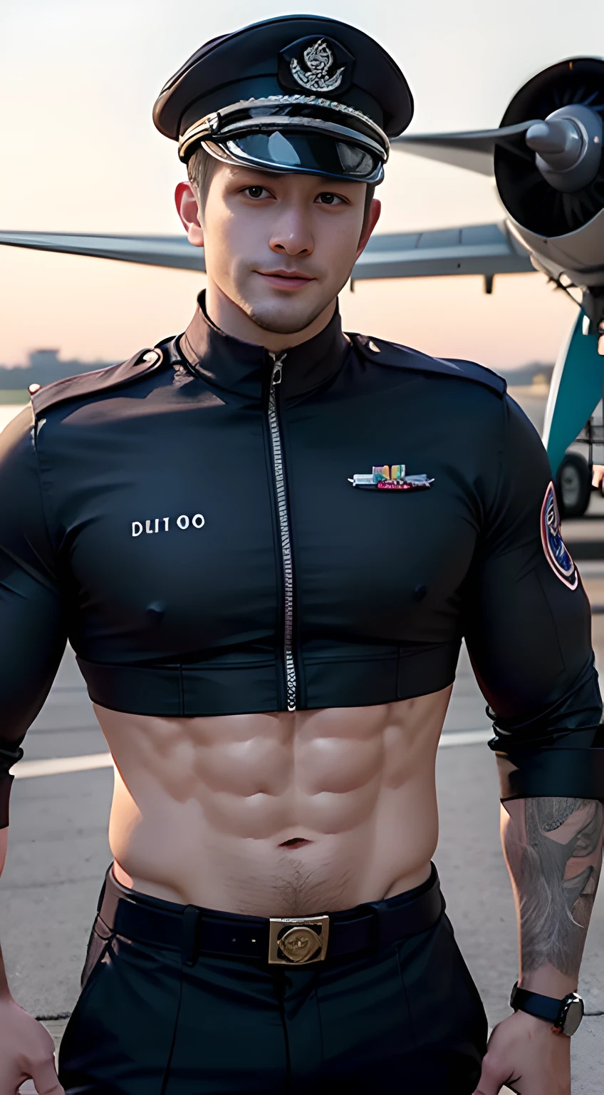 ((Men only)), (head shot), ((showing his abs)), (handsome muscular man in his 30s), (pilot), (The pilot wears white uniform, adorned with insignia, complemented by a fitted cap), (airplane in the background), (Chris Redfield), (Mischievous smile), (detaile: 1 in 1), Natural muscles, HIG quality, beautidful eyes, (Detailed face and eyes), (Face、: 1 / 2), Noise, Real Photographics、... .................................................................................................................PSD, Sharp Focus, High resolution 8K, realisitic & Professional Photography, 8K UHD, Soft lighting, High quality, Film grain, FujifilmXT3