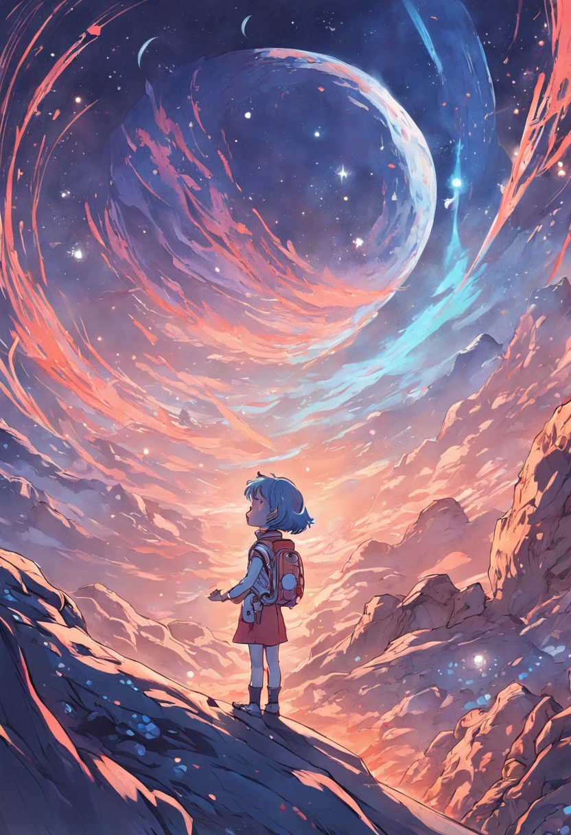 An exhilarating space adventure for a children's coloring book, where young astronauts embark on a journey to explore a distant planet. The starlit sky illuminates their path, and a friendly crescent moon graces the horizon. The planet's landscapes are fantastical, with whimsical mountains and imaginative alien flora. The sense of discovery and wonder fills the air as the spaceships touch down on the alien soil. Delightful line art ready for young artists to color, capturing the magic of exploration