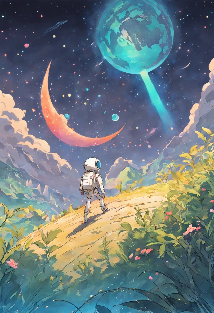 An exhilarating space adventure for a children's coloring book, where young astronauts embark on a journey to explore a distant planet. The starlit sky illuminates their path, and a friendly crescent moon graces the horizon. The planet's landscapes are fantastical, with whimsical mountains and imaginative alien flora. The sense of discovery and wonder fills the air as the spaceships touch down on the alien soil. Delightful line art ready for young artists to color, capturing the magic of exploration