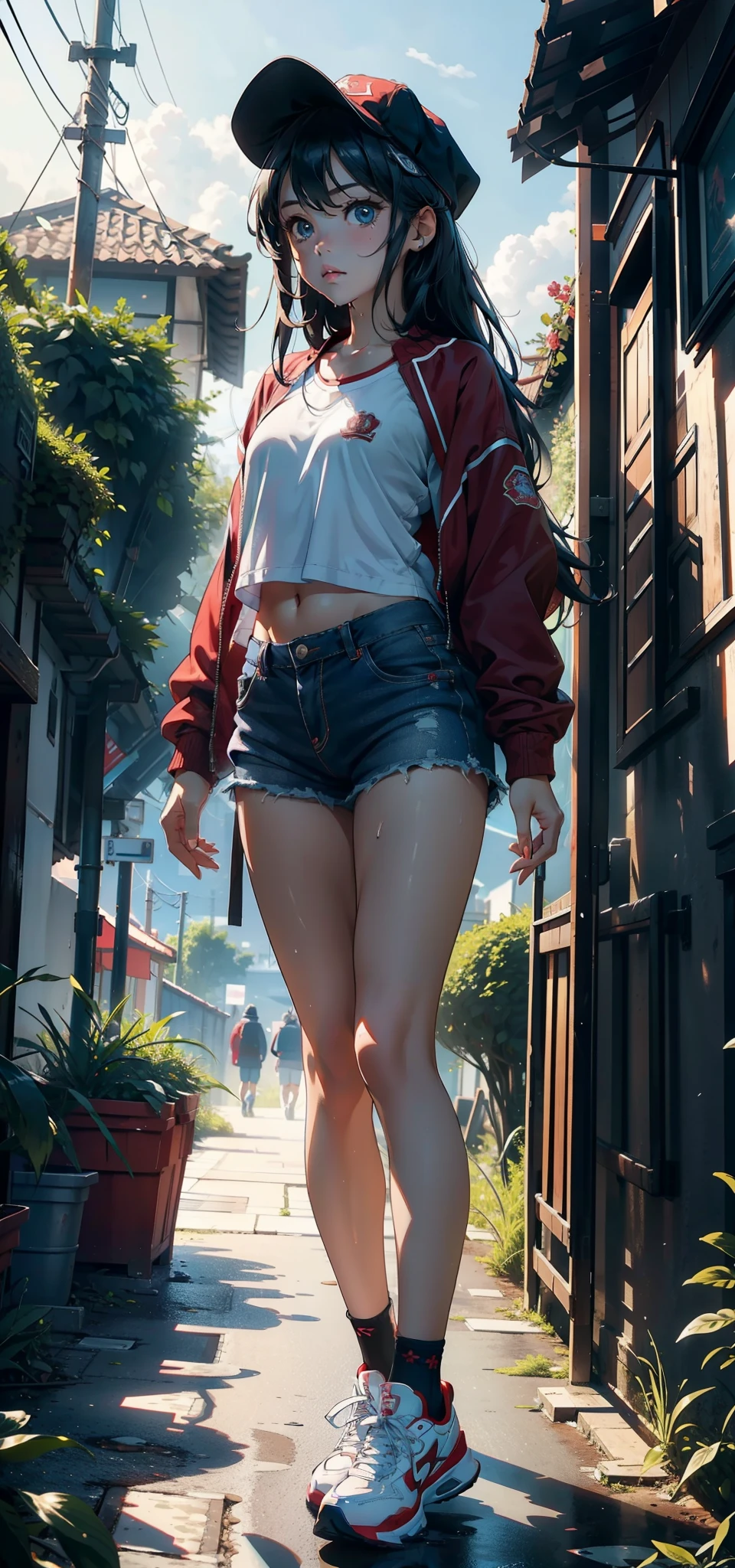 1female,9 ,bit girl,Small loli,super adorable,Bigchest ,Pornographic exposure, 独奏,(Background with:ln the forest,the rainforest,in summer,Standing water on the ground,exteriors) Feel free to hairstyle,Stride,Sweat profusely,drenched all over the body,seen from the front,Very long hair , mostly cloudy sky,(((tmasterpiece),(Very detailed CG unity 8K wallpaper),best qualtiy,cinmatic lighting,detailed back ground,beatiful detailed eyes,Bright pupils,blue color eyes(Very fine and beautiful),(Beautiful and detailed eye description),ultra - detailed,tmasterpiece,)),facing at camera,A high resolution,ultra - detailed)nakeness,with no underpants,revealing breasts,Bare genitalia, Bulge,Camel toes,Raised sexy,Lewd expression,Flushed complexion,Open-mouthed,frontage,elementarRed baseball jacket,Denim tong,baseball cap,athletic sneakers)Full body photo,Show shoes