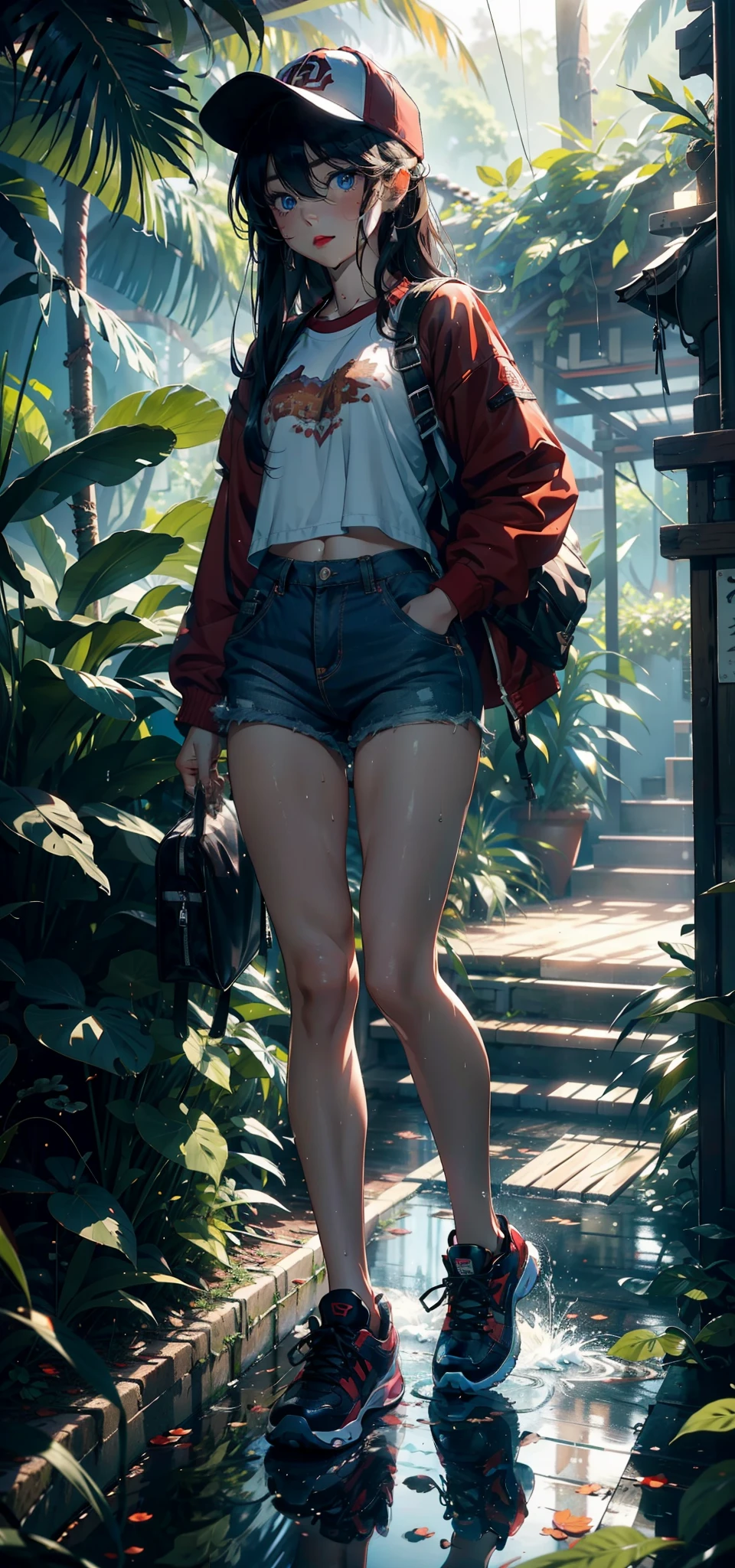 1female，9 years old，bit girl，Small loli，super adorable，Bigchest ，Pornographic exposure， 独奏，（Background with：ln the forest，the rainforest，in summer，Standing water on the ground，exteriors） Feel free to hairstyle，Stride，Sweat profusely，drenched all over the body，seen from the front，Very long hair ， mostly cloudy sky，（（（tmasterpiece），（Very detailed CG unity 8K wallpaper），best qualtiy，cinmatic lighting，detailed back ground，beatiful detailed eyes，Bright pupils，blue color eyes（Very fine and beautiful），（Beautiful and detailed eye description），ultra - detailed，tmasterpiece，）），facing at camera，A high resolution，ultra - detailed）nakeness，with no underpants，revealing breasts，Bare genitalia， Bulge，Camel toes，Raised sexy，Lewd expression，Flushed complexion，Open-mouthed，frontage，elementary student（Wearing：Red baseball jacket，Denim tong，baseball cap，athletic sneakers）Full body photo，Show shoes