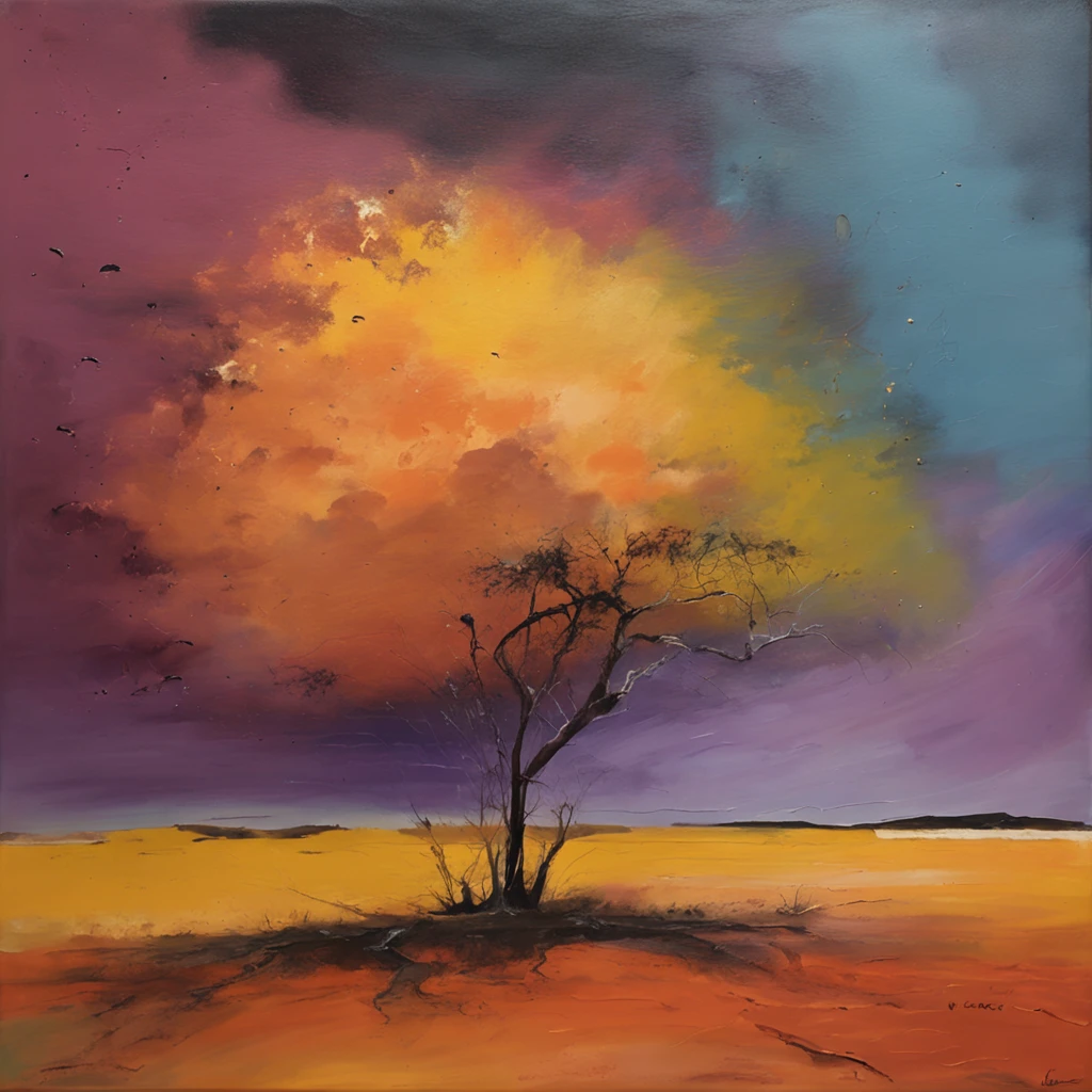 a desert at night with big birds on sky and one single majestic tree
