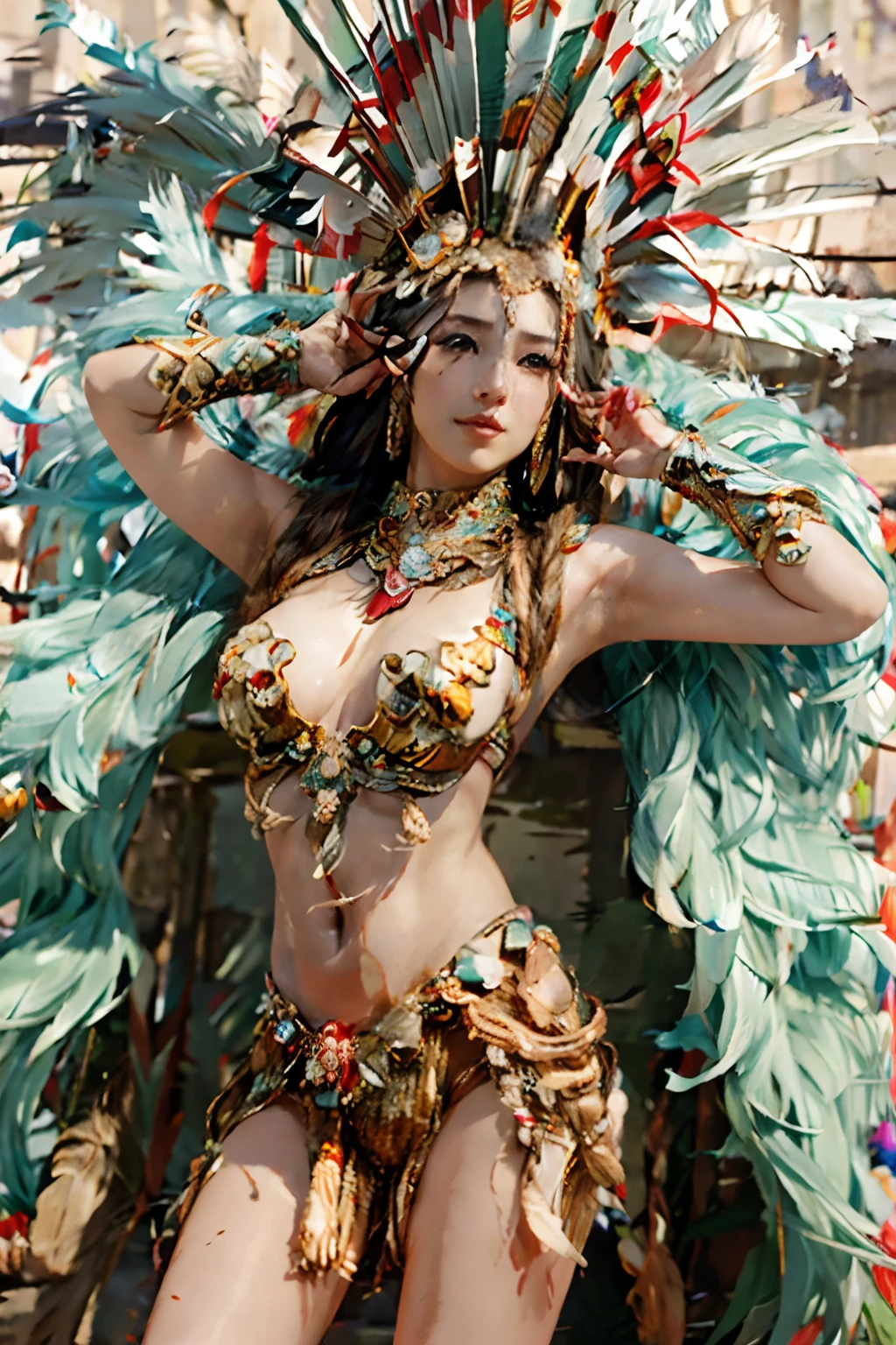 best quality, masterpiece, (photorealistic:1.4), RAW photo, 8k close-up photography, Large Comanche Indian chief (female) with typical feather headdress,