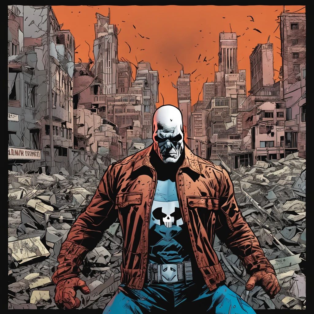 "Marvel hero Punisher, Action in a ruined city"