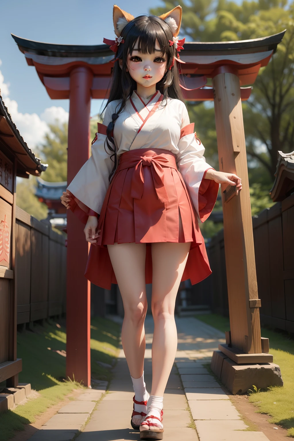 Photo Real、photoRealstic　A dark-haired、length hair、bangss　with round face、drooing eyes、big eye、Black eyes、a small face　shrine maiden、Priestess in Japan Clothes、Red Hakama、Long Hakama、White kimono with lines　sixteen years old、japanes、skinny  body、Skinny Legs、Soft thighs、vaginal、Female genitals　Bold legs open、Squat boldly with your legs open、Exposed crotch、Show off your crotch、full body Esbian、Bold poses　Background with、shrines、japanese temples、torii gate、Central of the stone path、Puddle of water underfoot、trickling water