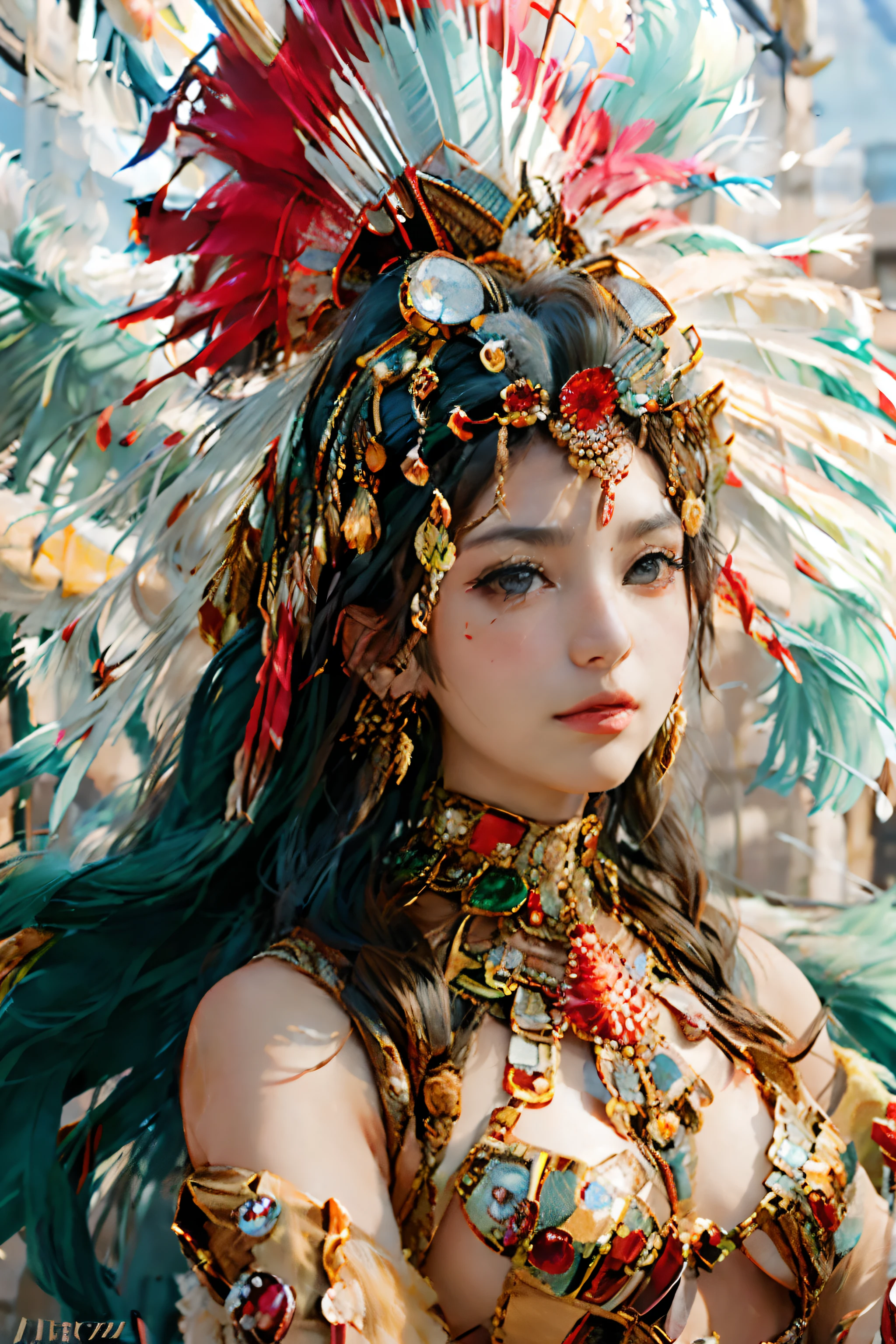 best quality, masterpiece, (photorealistic:1.4), RAW photo, 8k close-up photography, Large Comanche Indian chief (female) with typical feather headdress,