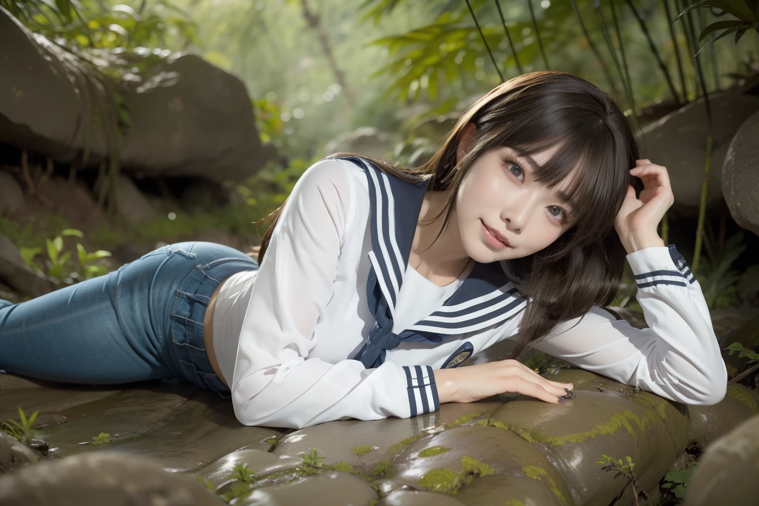 a pregirl，ssmile, looking at viewert, sailor uniformm,skintight jeans，photore, realisticlying, Best quality at best, employee, 详细的脸，Lying on a large mossy stone in a bamboo forest， diffuselighting, depth of fields