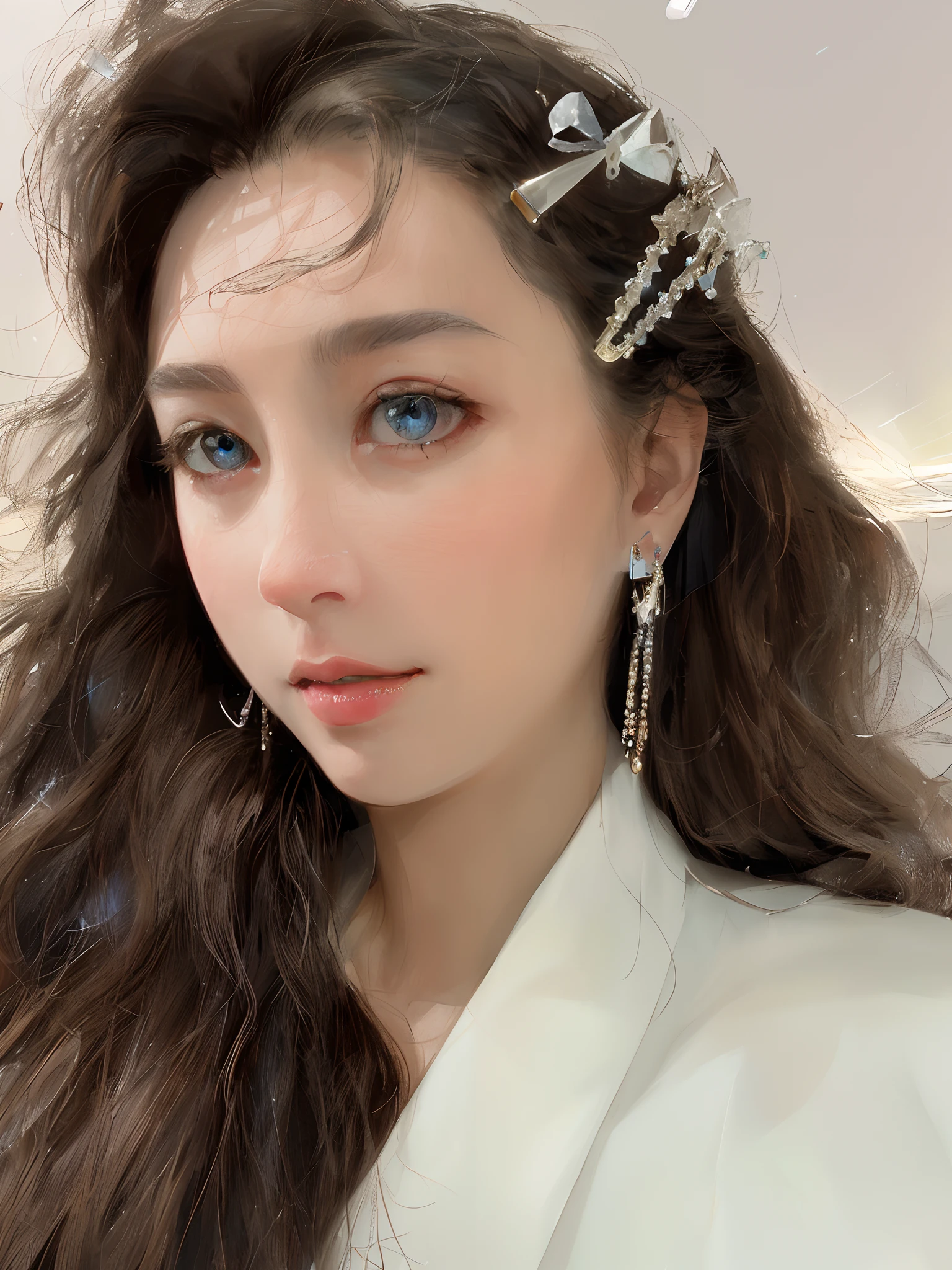 masterpiece, best quality, illustration, sax blue, platinum earrings, platinum necklace, white dress, 1girl, cute, (dynamic lighting:1.2), cinematic lighting, delicate facial features, detailed eyes, sharp pupils, realistic pupils, depth of field, bokeh, sharp focus, (hyper-detailed, bloom, glow:1.4), many small gems