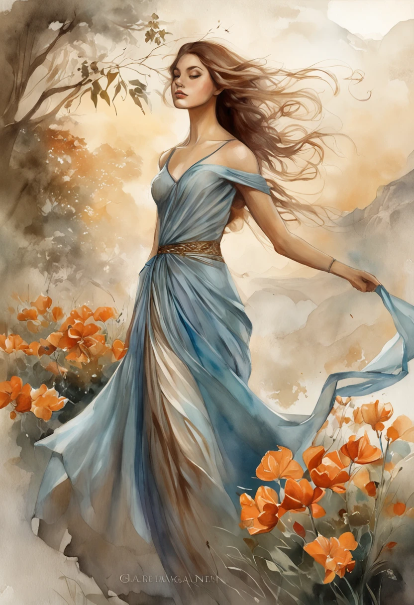 A man from below is giving a flower, Mulher sentada na borda, flor, Long, flowing fabric for dress, rostos clarosMagalie Villeneuve, Magali Villeneuve», inspirado em Magali Villeneuve, Graphic artist Magali Villeneuve, Magali Villeneuve e Monet, Charlie Bowater e Artgeem, Charlie Bower e Tom Bagshaw, Darius Zawadzki e Tom Bagshaw