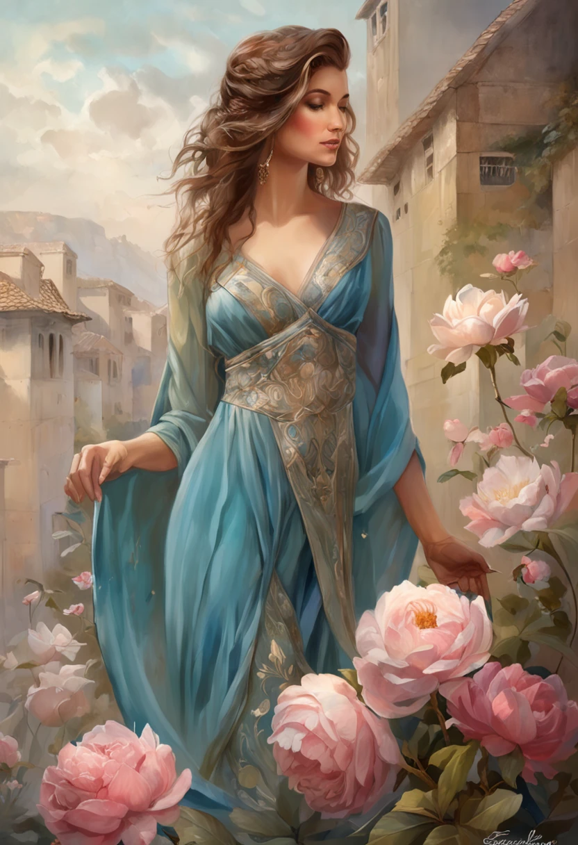 A man from below is giving a flower, Mulher sentada na borda, flor, Long, flowing fabric for dress, rostos clarosMagalie Villeneuve, Magali Villeneuve», inspirado em Magali Villeneuve, Graphic artist Magali Villeneuve, Magali Villeneuve e Monet, Charlie Bowater e Artgeem, Charlie Bower e Tom Bagshaw, Darius Zawadzki e Tom Bagshaw