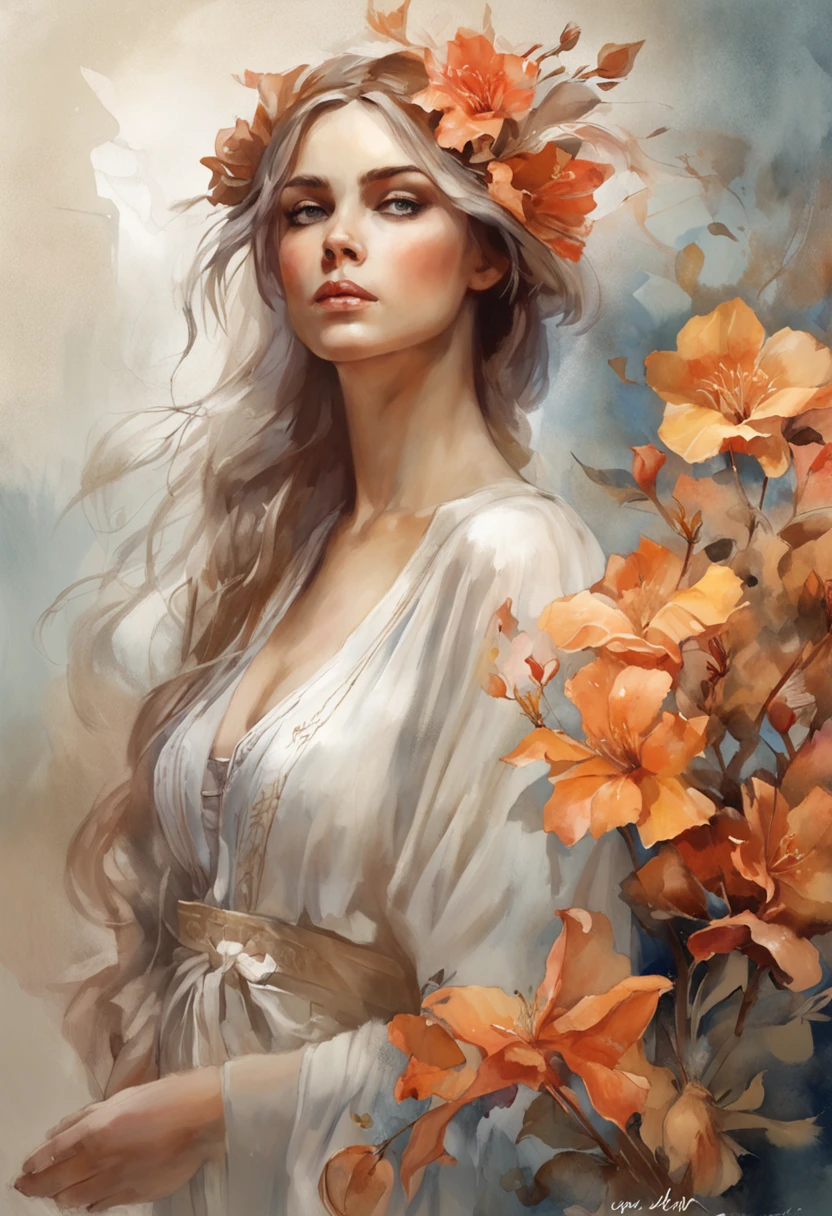 A man from below is giving a flower, Mulher sentada na borda, flor, Long, flowing fabric for dress, rostos clarosMagalie Villeneuve, Magali Villeneuve», inspirado em Magali Villeneuve, Graphic artist Magali Villeneuve, Magali Villeneuve e Monet, Charlie Bowater e Artgeem, Charlie Bower e Tom Bagshaw, Darius Zawadzki e Tom Bagshaw