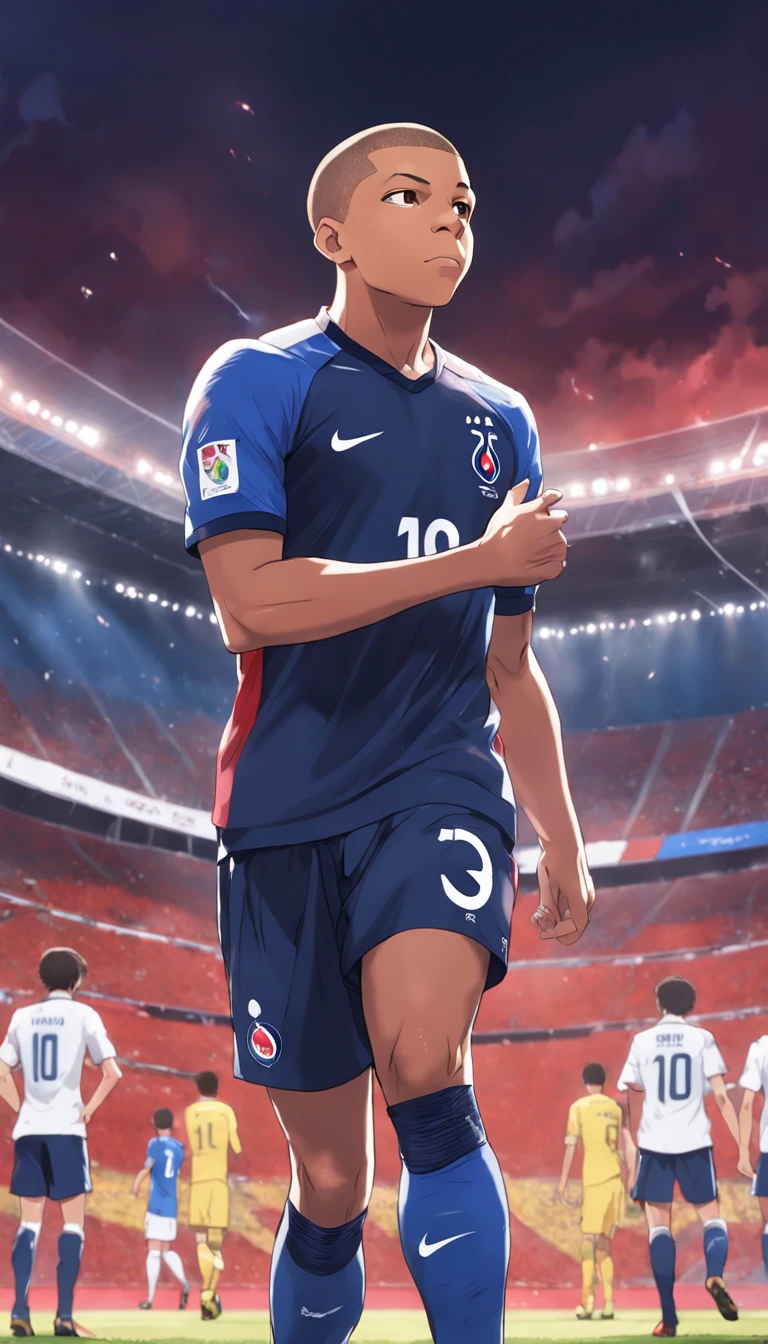 Kyllian Mbappe with the France national team jersey in anime style , Standard scenario , olhar fixo , (( imagem sem deformidades )) , best resolution , melhor qualidade , obra prima