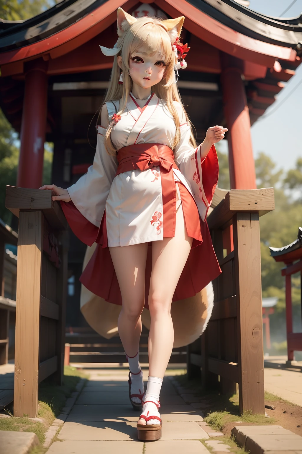 girl、(shrine maiden clothe)、Shiba Inu ears,M-shaped legs