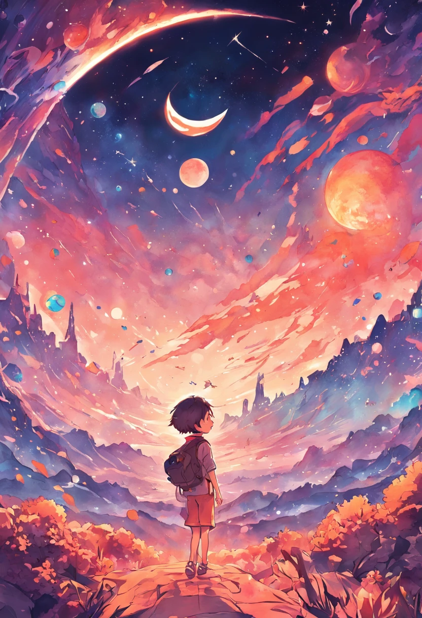 Coloring page for childrens, bold lines. An exhilarating space adventure for a children's coloring book, where young astronauts embark on a journey to explore a distant planet. The starlit sky illuminates their path, and a friendly crescent moon graces the horizon. The planet's landscapes are fantastical, with whimsical mountains and imaginative alien flora. The sense of discovery and wonder fills the air as the spaceships touch down on the alien soil. Delightful line art ready for young artists to color, capturing the magic of exploration