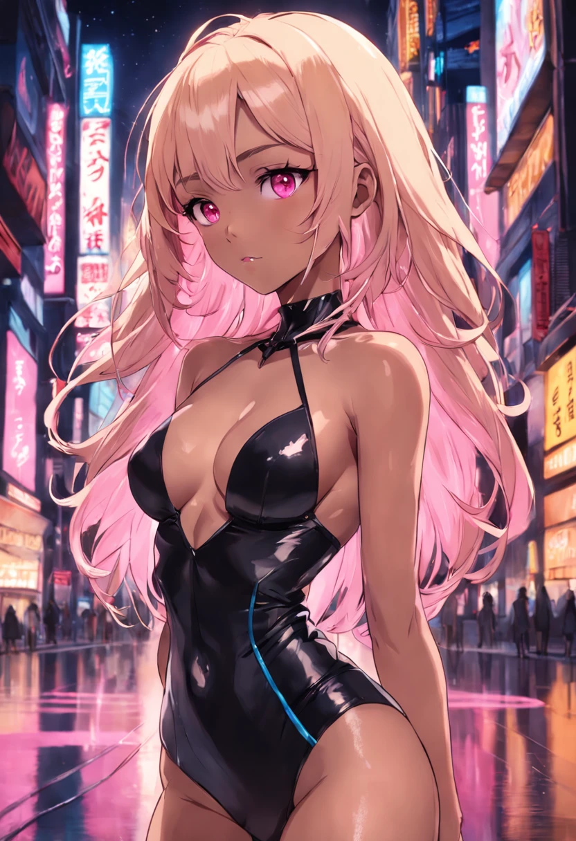 Black female with blonde hair, has pink highlights, wearing tight sexy clothing, cleavage,