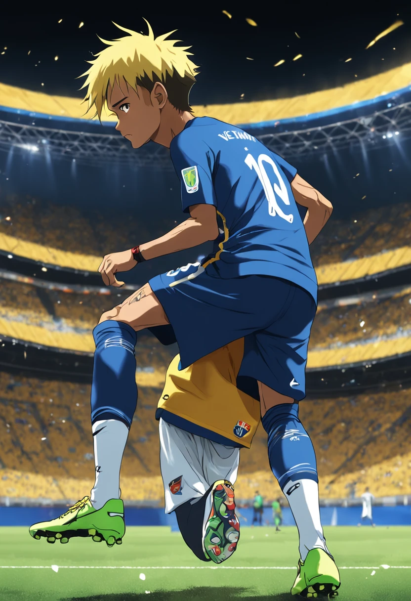 Neymar Jr with the shirt of the Brazilian national team , Standard scenario , melhor qualidade, best resolution , Estilo anime , obra prima , olhar fixo