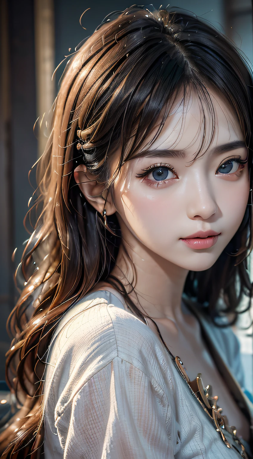 Masterpiece, 1 beautiful girl, Detailed eyes, Swollen eyes, Top quality, 超高分辨率, (reality: 1.4), Cinematic lighting, Japanese, Asian beauty, Korean, Very beautiful, Beautiful skin, Slender, body facing the front, (Ultra photo realsisim), (high resolution), (8K), (Very detailed), ( Best Illustration), (Beautifully detailed eyes), (Super detailed), (the wallpaper), Detailed face, Bright lighting, Professional lighting, view the viewer, Staring straight ahead, The costume is a light blue neat shirt and dress, 46-point oblique bangs, Night view, Black hair (Some blonde hair with mesh cloth),