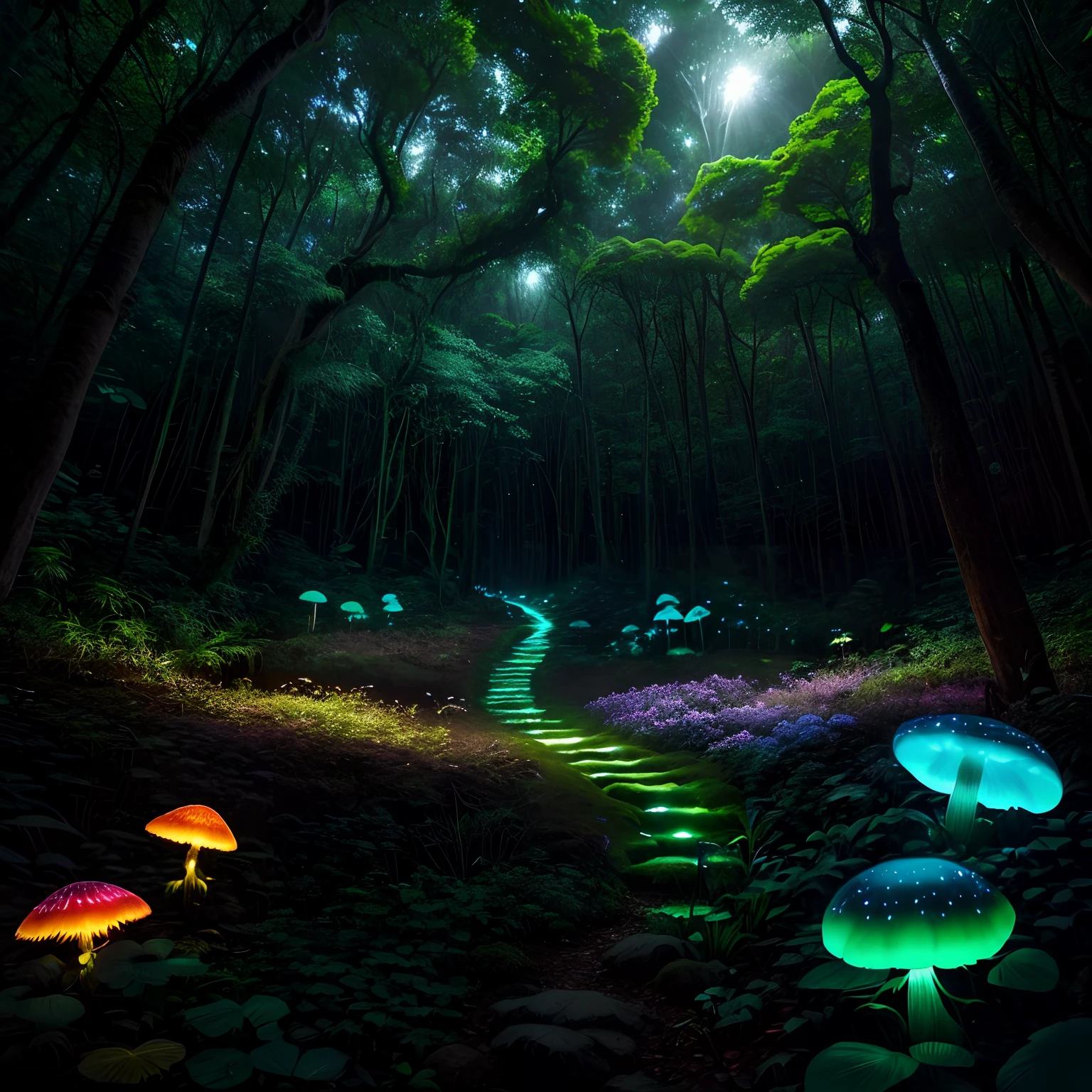 Selva Bioluminescente Encantada:
Em um canto escondido do mundo, encontra-se uma selva bioluminescente encantada que parece pertencer a outro reino. Giant iridescent mushrooms rise from the forest floor, casting an ethereal glow over the exotic flora and fauna that thrive beneath its shimmering canopy. Plantas com vibrante, folhas de cor neon torcem e sobem, criando um labirinto sobrenatural de beleza. The floor is soft and adorned with bright magic moss, Guiando o caminho para viajantes curiosos. Fireflies dance in the air like living lanterns, illuminating the night with its soft luminescence. Criaturas estranhas e gentis vagam pela selva, their phosphorescent bodies adding to the enchantment of this mystical landscape.