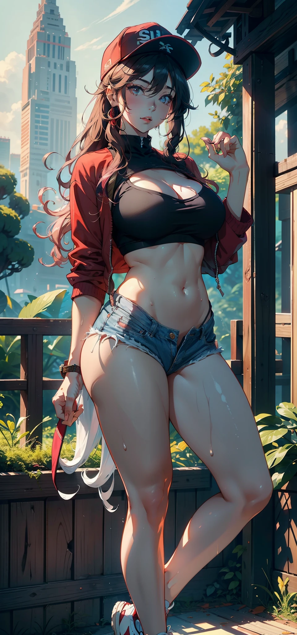 1female，35yo，熟妇，noodle，long leges，big breasts thin waist，the super hot and sexy，gigantic cleavage breasts，Pornographic exposure， 独奏，（Background with：ln the forest，the rainforest，in summer） She has long pink hair，Very long hair，Long flowing hair，With baseball cap，standing on your feet，Sweat profusely，drenched all over the body，seen from the front， curlies， mostly cloudy sky，（（（tmasterpiece），（Very detailed CG unity 8K wallpaper），best qualtiy，cinmatic lighting，detailed back ground，beatiful detailed eyes，Bright pupils，（Very fine and beautiful），（Beautiful and detailed eye description），ultra - detailed，tmasterpiece，）），facing at camera，A high resolution，ultra - detailed），，revealing breasts，Bare genitalia， Bulge，Camel toes，Raised sexy，Flushed complexion，Open-mouthed，frontage，（Wearing：Red baseball jacket，Denim shorts，athletic sneakers，nakeness）fully body photo，Show shoes