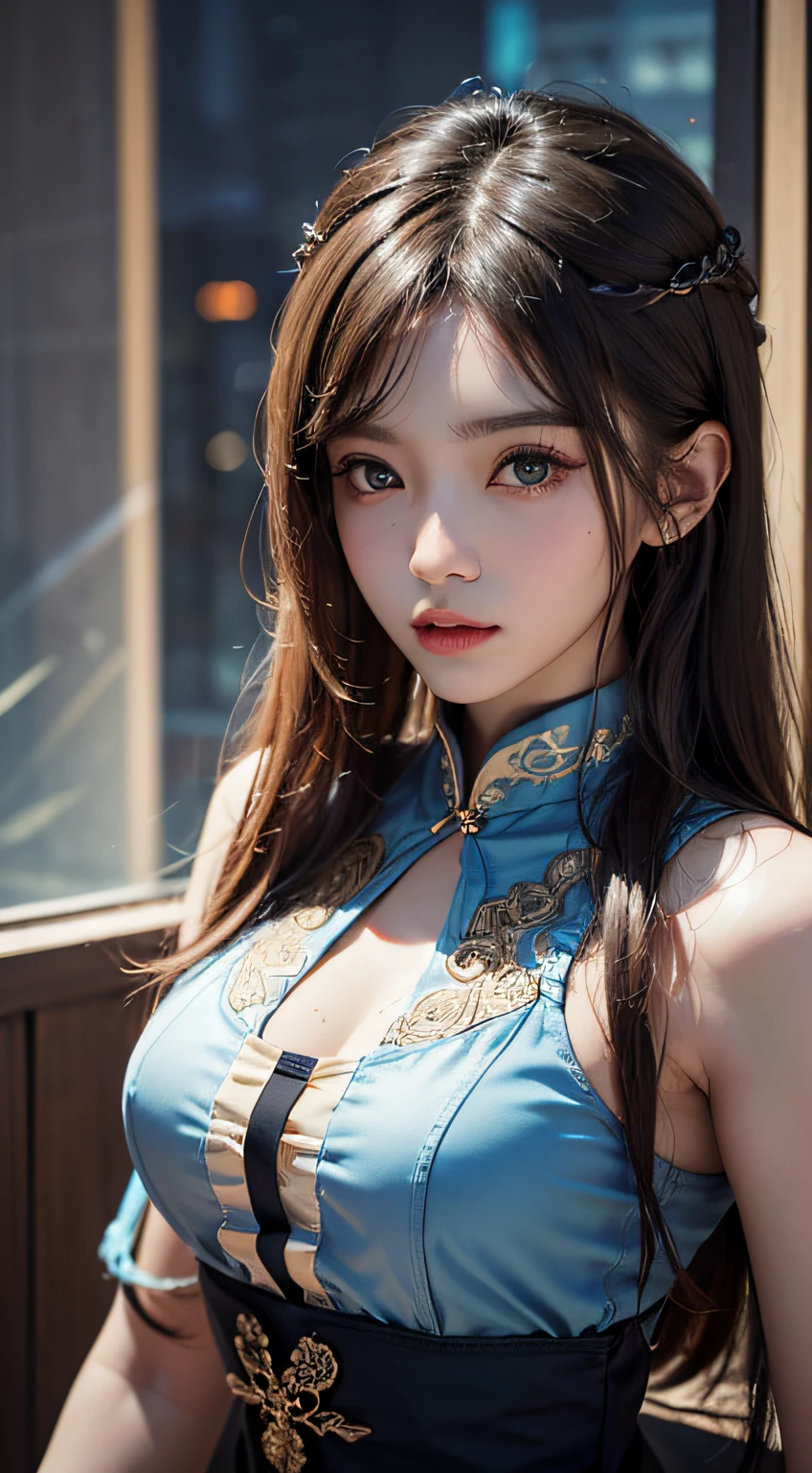 Masterpiece, 1 beautiful girl, Detailed eyes, Swollen eyes, Top quality, 超高分辨率, (reality: 1.4), Cinematic lighting, Japanese, Asian beauty, Korean, Very beautiful, Beautiful skin, Slender, body facing the front, (Ultra photo realsisim), (high resolution), (8K), (Very detailed), ( Best Illustration), (Beautifully detailed eyes), (Super detailed), (the wallpaper), Detailed face, Bright lighting, Professional lighting, view the viewer, Staring straight ahead, The costume is a light blue neat shirt and dress, 46-point oblique bangs, Night view, Black hair (Some blonde hair with mesh cloth),