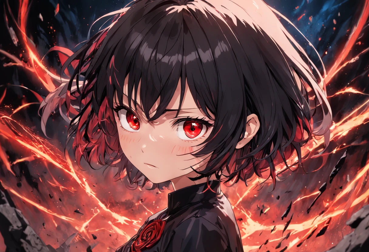 bad-, Mature female, ((master part)), ((melhor qualidade)), (ultra detalhado),((Corpo extremamente detalhado)), ((Papel de parede CG 8K extremamente detalhado)), HDR, 1girl, cabelo preto com estrias vermelhas, short hair, franja, olhos vermelhos, olhos brilhantes, Olhos detalhados, sorriso maligno, bursts of red energy spiraling out of control, pose de ataque, Black shorts, Camisa branca rasgada, Capa preta, red energy particles, Apocalyptic scenario on fire, detailed cenary, Dynamic angle