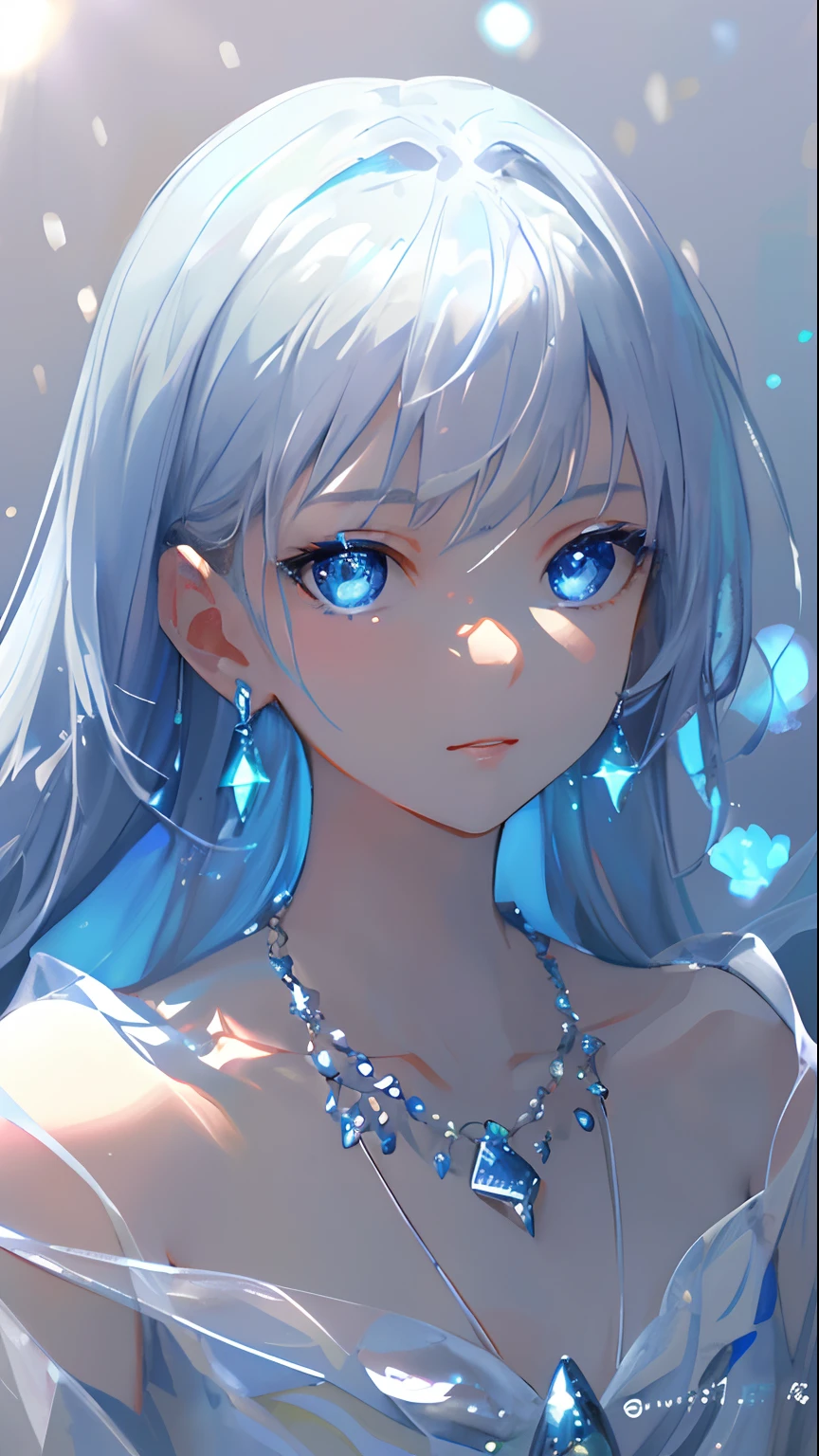 masterpiece, best quality, illustration, sax blue, platinum earrings, platinum necklace, white dress, 1girl, cute, (dynamic lighting:1.2), cinematic lighting, delicate facial features, detailed eyes, sharp pupils, realistic pupils, depth of field, bokeh, sharp focus, (hyper-detailed, bloom, glow:1.4), many small gems