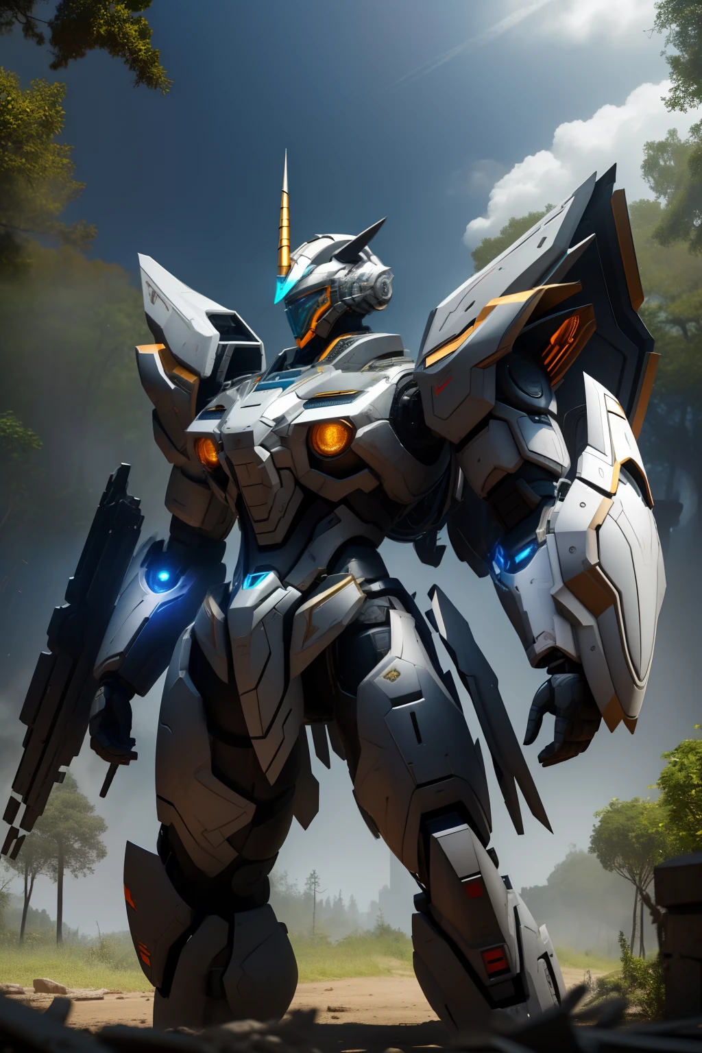 (Best Quality)), ((Masterpiece)), (Highly Detailed: 1.3), 3D, (Anime Style: 1.2), Inspired by Genshin Impact, 1 mech, 10 meter tall, male design, Unicorn-inspired design , withe visor, modern design helmet, fighting pose, large power armor, inspired by Reinhardt from Overwatch, large shield, large robotic armor, with jet turbines on the back, jet thruster, flaps, smoke, cables flexible, hydraulic system, transparent light shield with hexagonal design, ignited jet turbines, heavy weaponry, in a ruined forest.