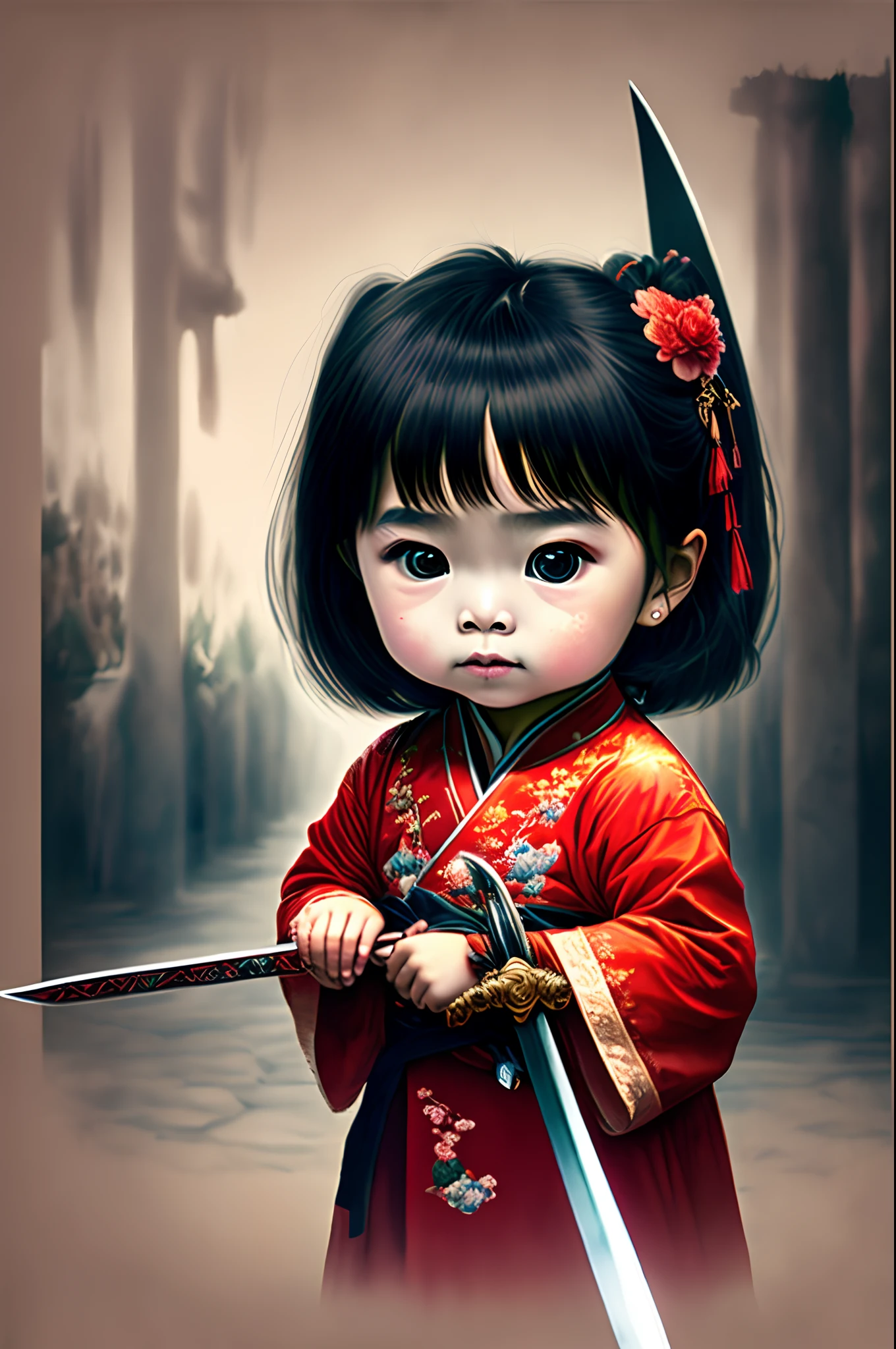 A  in Chinese clothing，Hand with a sword