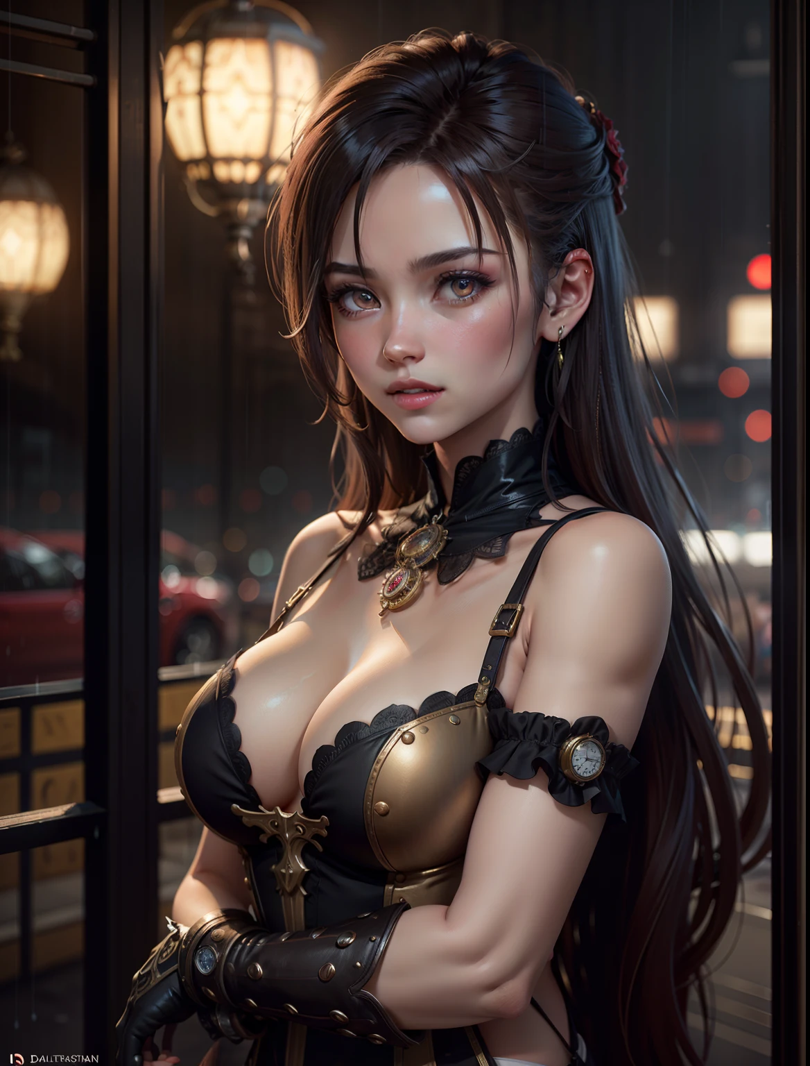 OilPaintStyle, High quality steampunk portrait,Named after the goddess time and clock , amazing background, Dripping sparks, rain, Sharp focus, Clear, vibrant, denoised, intricately details, Amazing clock, 8K, Steampunk clock rendering engine, Oil painting, ,HZ steampunk,dashaTaran, 3D style standing , Sexy and erotic, Front view, With big and erotic sex, , full bodyesbian, Front view