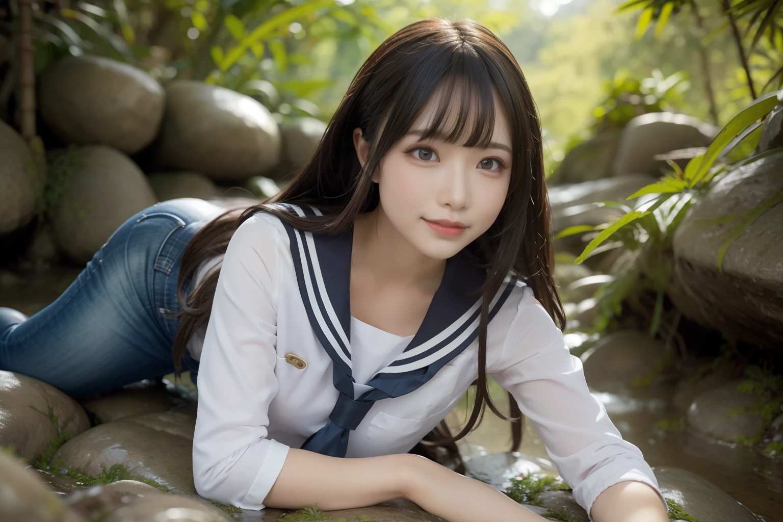 a pregirl，ssmile, looking at viewert, sailor uniformm,skintight jeans，photore, realisticlying, Best quality at best, employee, 详细的脸，Lying on a large mossy stone in a bamboo forest， diffuselighting, depth of fields