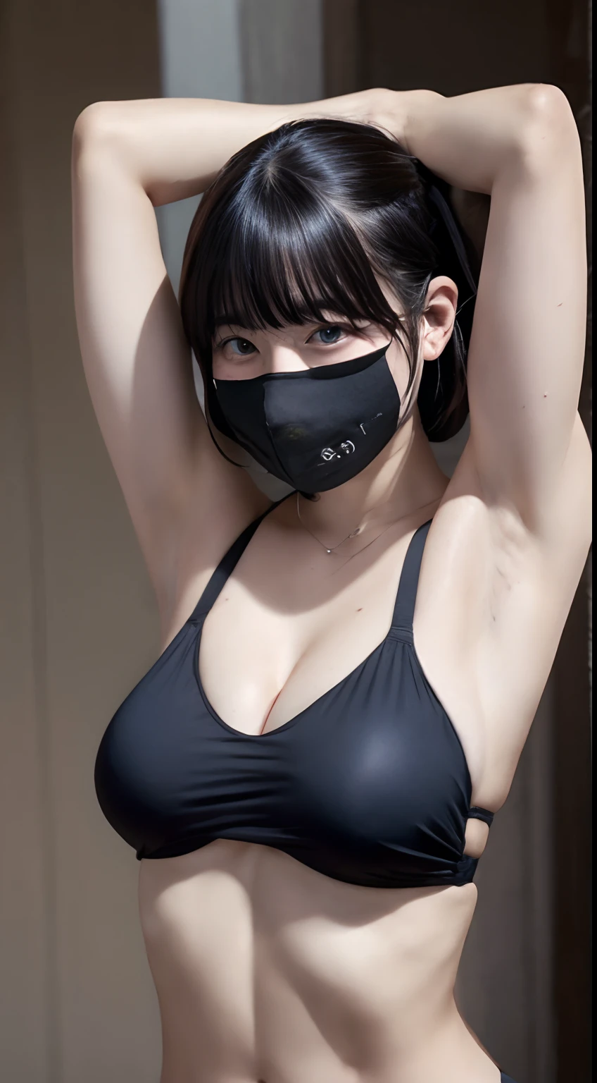 Sweaty woman in bikini wearing armpits、ultra gigantic tits:1.5、at seaside, (black masks:1.1), ((Shooting the whole body in gravure pose))