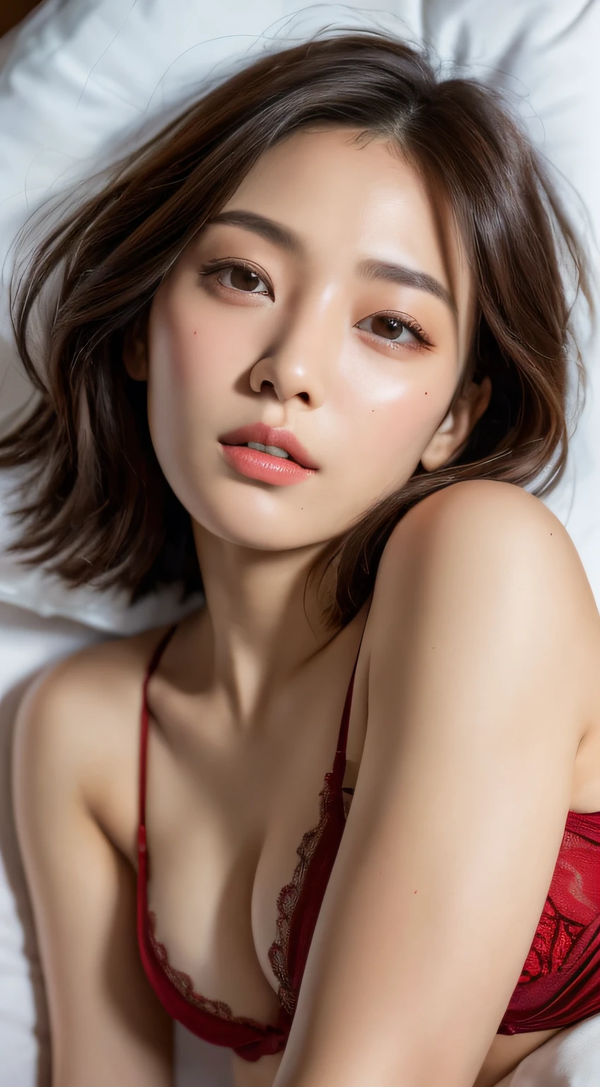 ((Top Quality, 8k, Masterpiece: 1.3)), Beauty, 1 Korean Girl, Big: 1.3, Dark Brown Bob Hair, (Lying in Bed, Open Legs: 1.2), Ultra Detailed Face, Highly Detailed Lips, Detailed Eyes, Double Eyelids, Bra Red, Sweaty Skin: 1.2