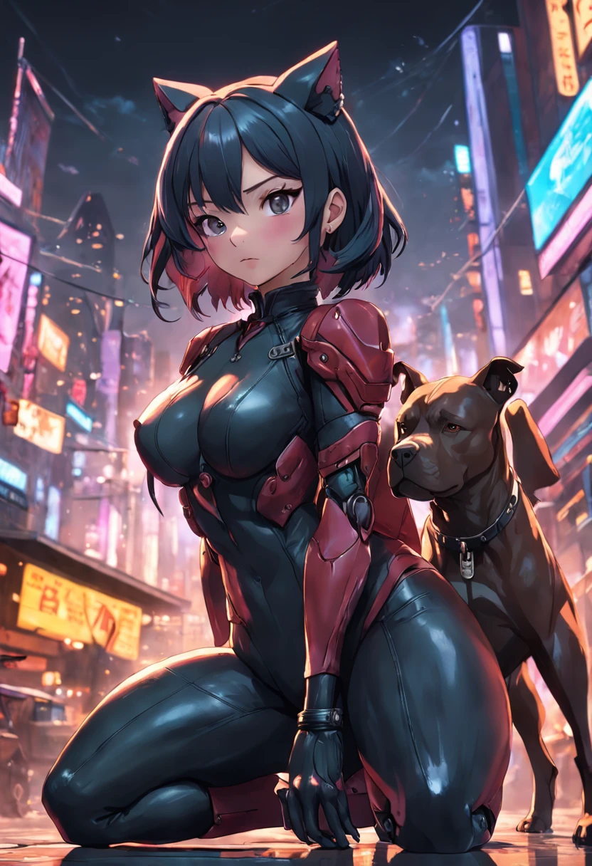 There's a woman in a leather suit and a strong pit bull dog , CGSetivity UHD 4K altamente detalhado, trending in cgsociety, CGSetivity 8K, CGSetalidade 8K, CGSetivity 8K, CGSsociety, highes definition, arte cyberpunk ultrarrealista 8k, Melhor em CGSOCIETY, Trending in ArtStation 4K, [ trending in cgsociety ]!!, radiante, Chav, Gamer Core, Landscape, Modelagem 3D, Bokeh, imprimir, cores correspondentes, Gurokawa, Laser Lighting Show, tons de pele realistas, dramatic chiaroscuro lighting, fotografia de retrato, 4k