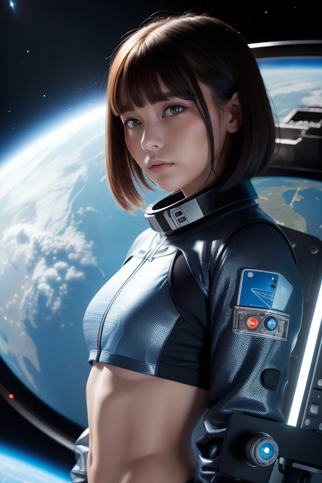 a girl in the space base, sci-fi movie style