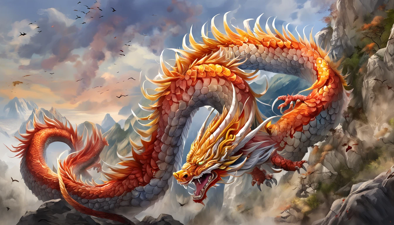 Japan Dragon, full body Esbian, drak, the Extremely Detailed CG Unity 8K Wallpapers), (Colorful:1.2), Long hair, sharpteeth, Red Eyes, 牙, Huge, Hires upscale: 1.7, Hires upscaler: 4x speed_NMKD-SIAX_200k, Noise reduction intensity: 0.45, Lifelike texture, Dynamic Angle, (((+++Lightning is intertwined with the body///))), Colorful auspicious clouds, Shadowing, Atmospheric perspective, in a panoramic view, Wide Shot, 16 K, Anatomically correct, Super Detail