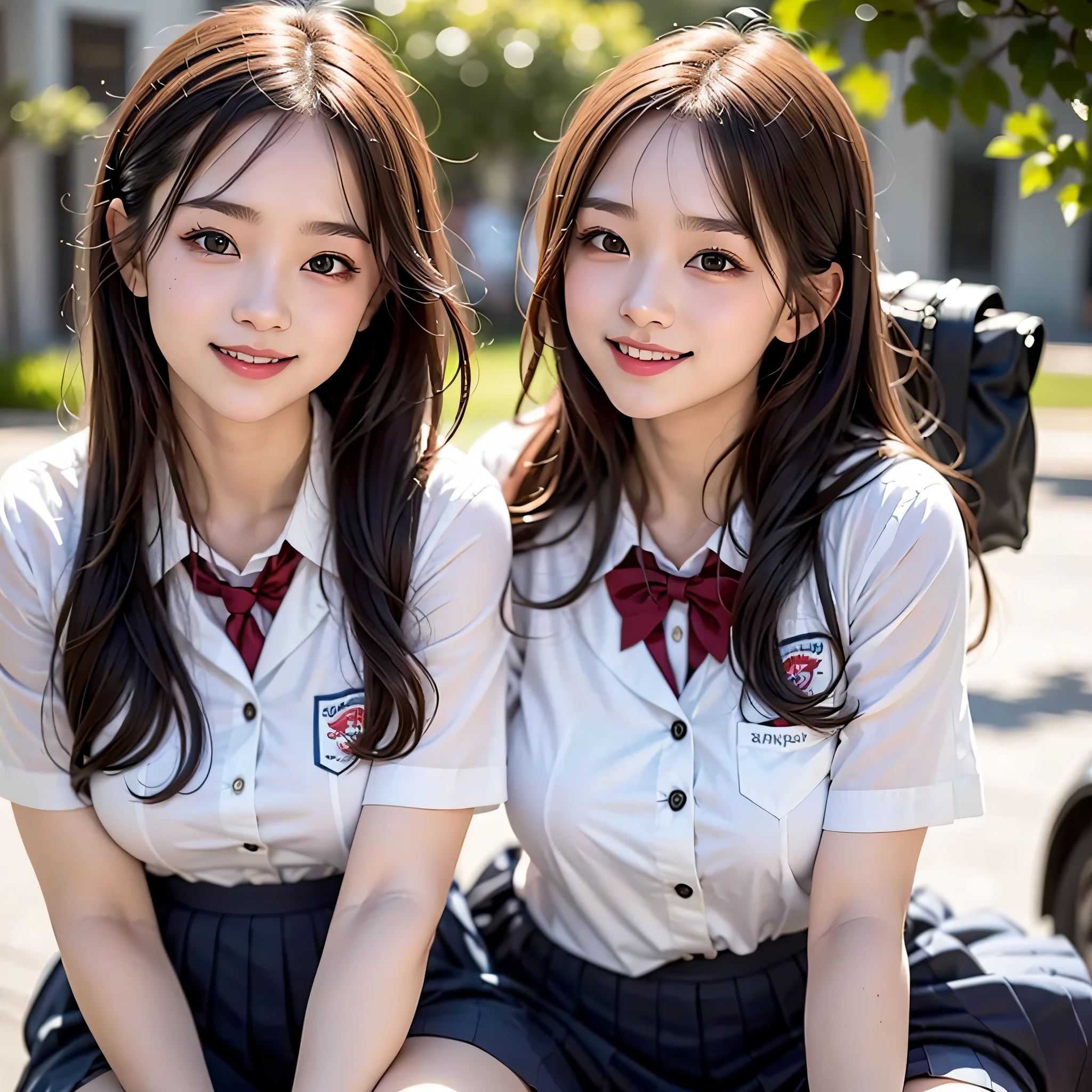 2 girls on bench in school bus,short-sleeved white leotard with pleated pleated micro mini skirt,plaid bow tie,18-year-old,bangs,a little smile,large bare thighs,knees,spreading legs apart,short hair with low pigtails,from below,front light