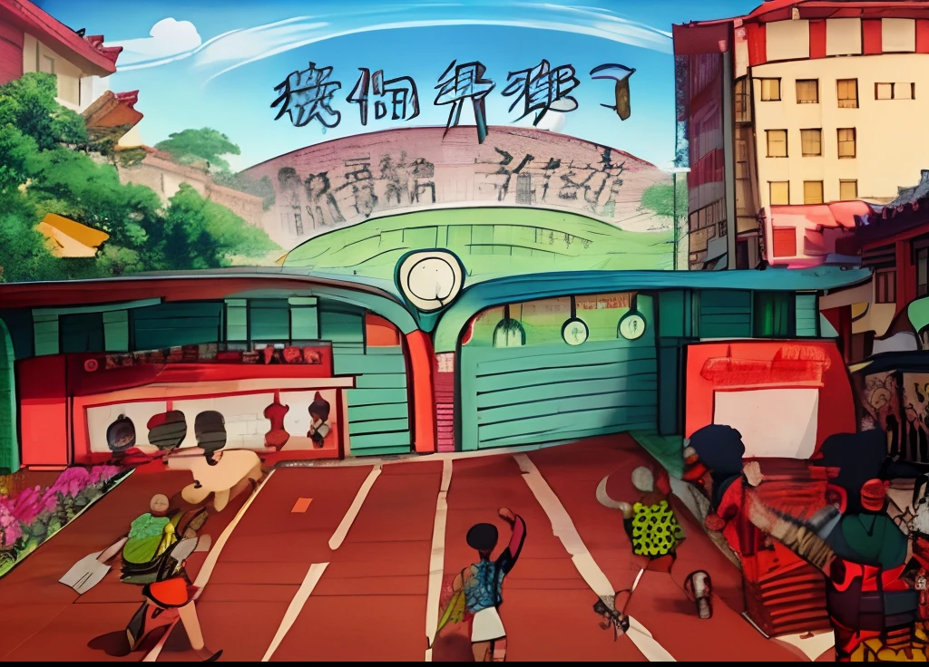 Children playing slogans on the school playground。, Inspired by Qi Baishi, winning artwork, artwork of a hong kong street, artwork about a road to freedom, author:Yunichi Hiratsuka, Children\'s book drawing, Album art, album covers, album covers, inspired by Zhang Zongcang, album covers, intermediate art