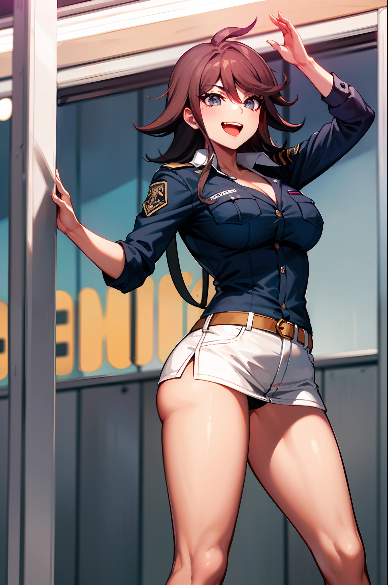 Mulher sentada em um banco com as pernas cruzadas, sorriso provocante, Uniforme JK, Coxas!!!,  da escola, [[[[Evil sortoudo]]]], Estudante realista, uma aluna hiperrealista, meninando o uniforme, detalhes finos. meninas da le frente, Anya, Spy X Family, thicc, tou, aluna hiperrealista