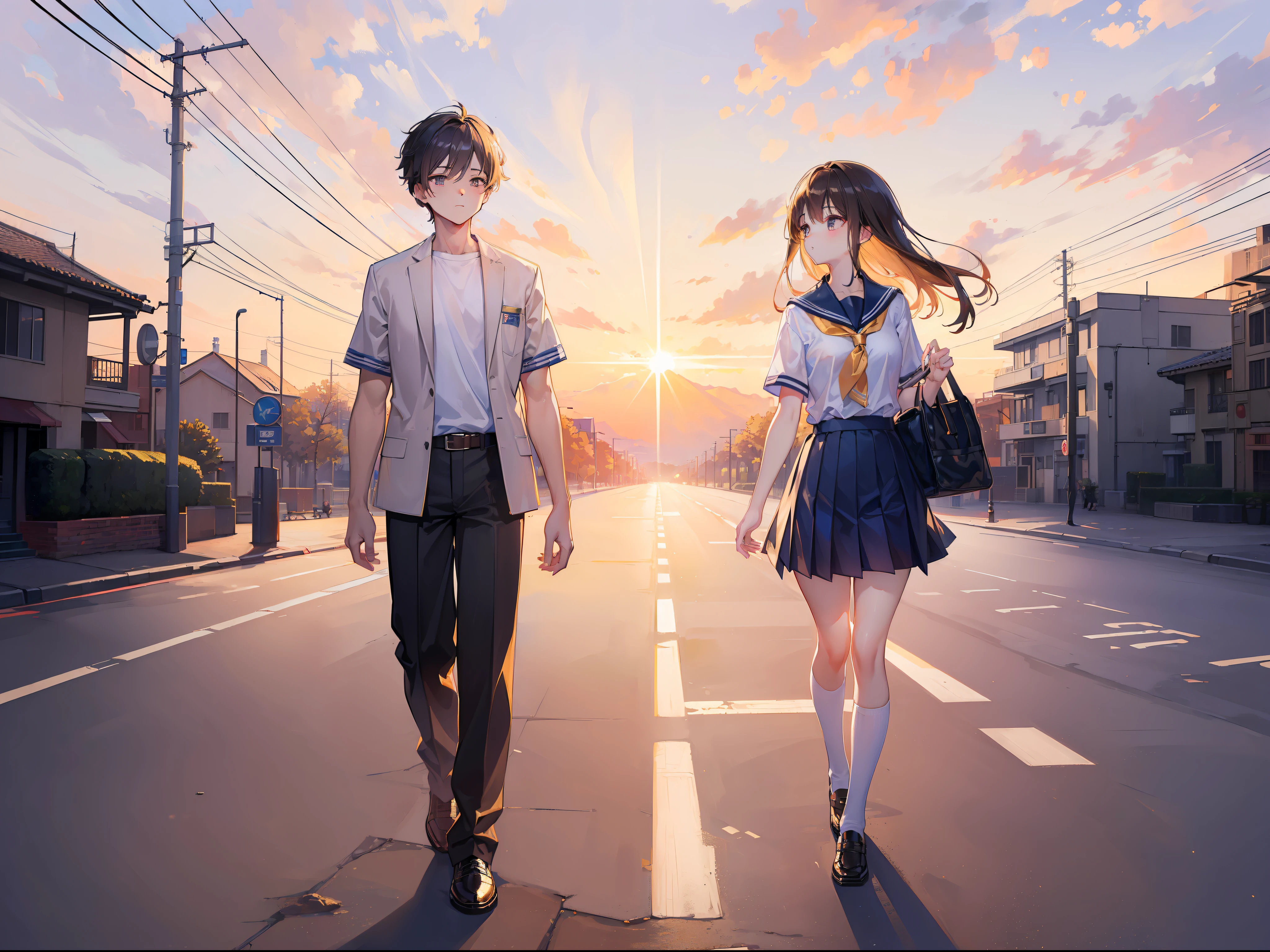 (masterpiece:1.5) (bestquality) highlydetailed,ultra-detailed, (golden hour lighting) (sunset), (in the street), ( 1boy ), ( 2girls ), (school uniforms), (evening glow), (walking together)