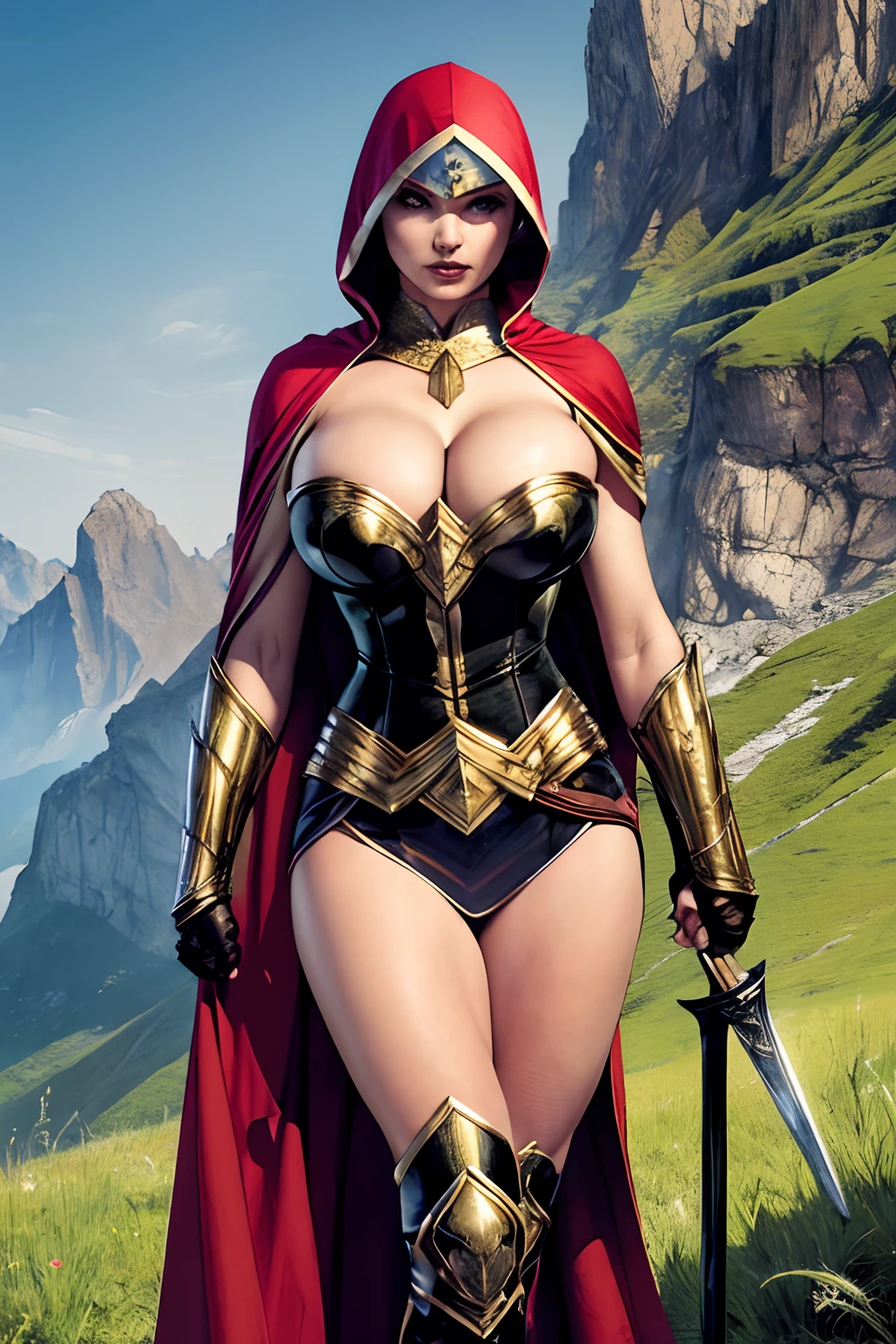 (masterpiece, top quality, best quality, official art, beautiful and aesthetic:1.2), (1girl:1.3), light freckles, fair skin, extremely detailed, portrait, looking at viewer, solo, (full body:0.6), detailed background, close up, (warm grasslands theme:1.1), holy paladin knight, charlatan, smirk, mysterious, swaying in mountains, skimpy attire, ornate white and gold armor, cowl, nun hood, wimple, cowl, breastplate, tabard, gorget, hood, pauldrons, greaves, armored, long boots, longsword, shield, cape, cloak, white fabric, pale leather, ((((gigantic breasts)))), slim waist, slim hips, long legs, medieval (mountain exterior:1.1) background, dark mysterious lighting, shadows, magical atmosphere, dutch angle