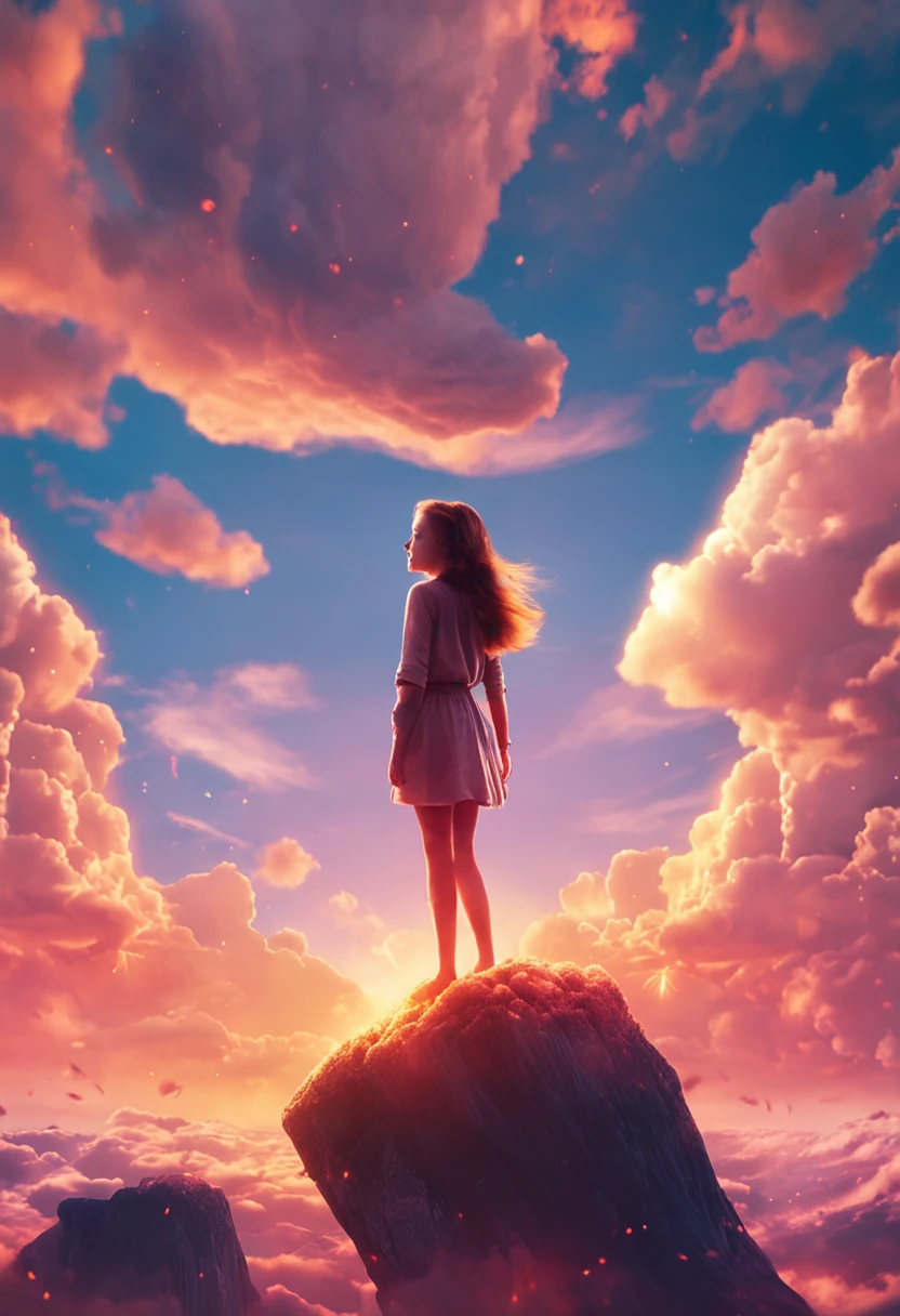 masterpiece, best quality, movie still, 1girl, cloud girl, floating in the sky, close-up, bright, happy, warm soft lighting, sunset, (sparks:0.7)